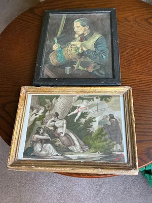 Two Framed Artworks comprising a Naive Interior Scene and a Classical Mythological Landscape. Thi 
