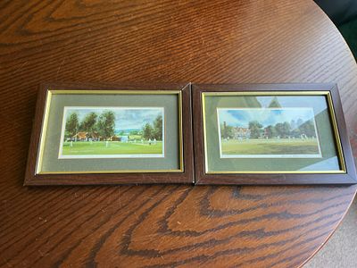 A Pair of Framed Terry Harrison Miniature Cricket Prints. A pair of miniature offset 