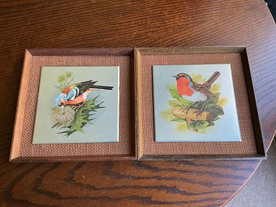 A Pair of Mid-Century Modern Bird Illustrations on Metallic Plates. A pair of decorative wall 