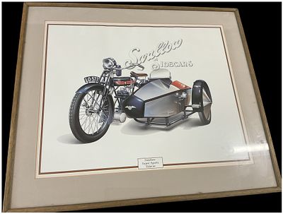 A Framed Print of a 1921 Rover 350cc Motorcycle with Swallow Super Sports Sidecar. This framed 