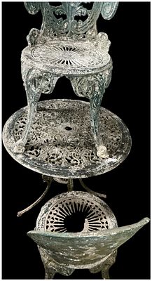 A Trio of Victorian Style Cast Iron Garden Furniture comprising a Bistro Table and Two Chairs. A 