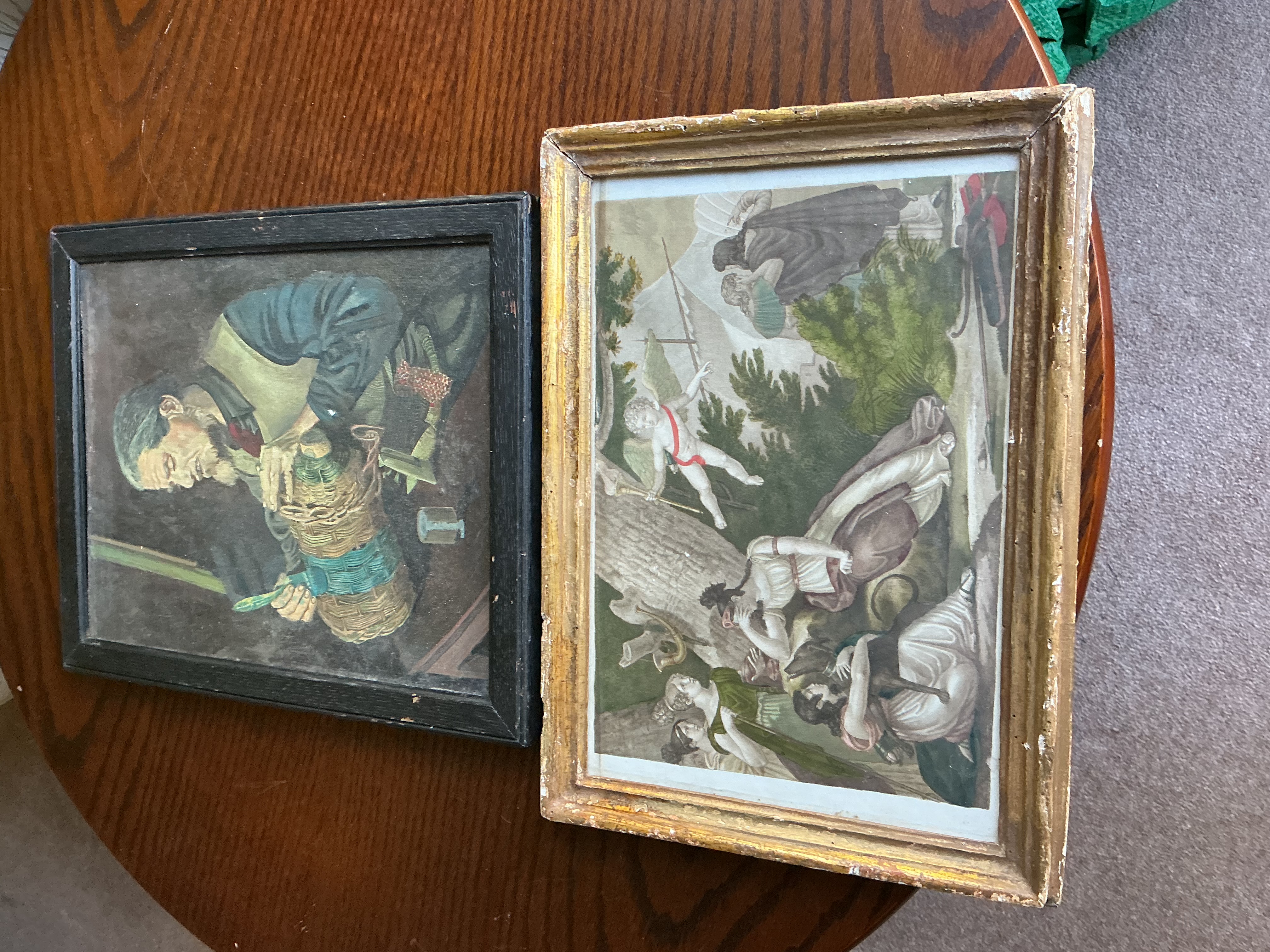 Two Framed Artworks comprising a Naive Interior Scene and a Classical Mythological Landscape