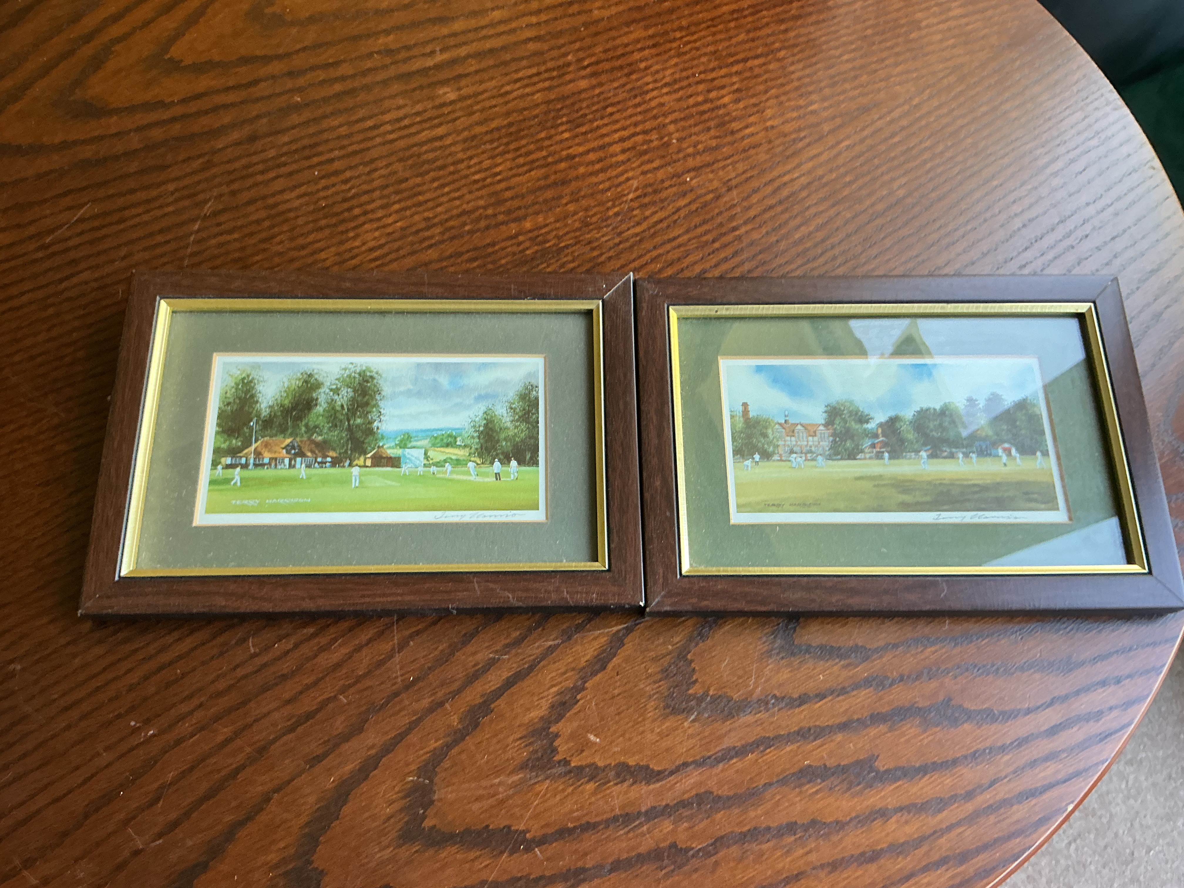 A Pair of Framed Terry Harrison Miniature Cricket Prints