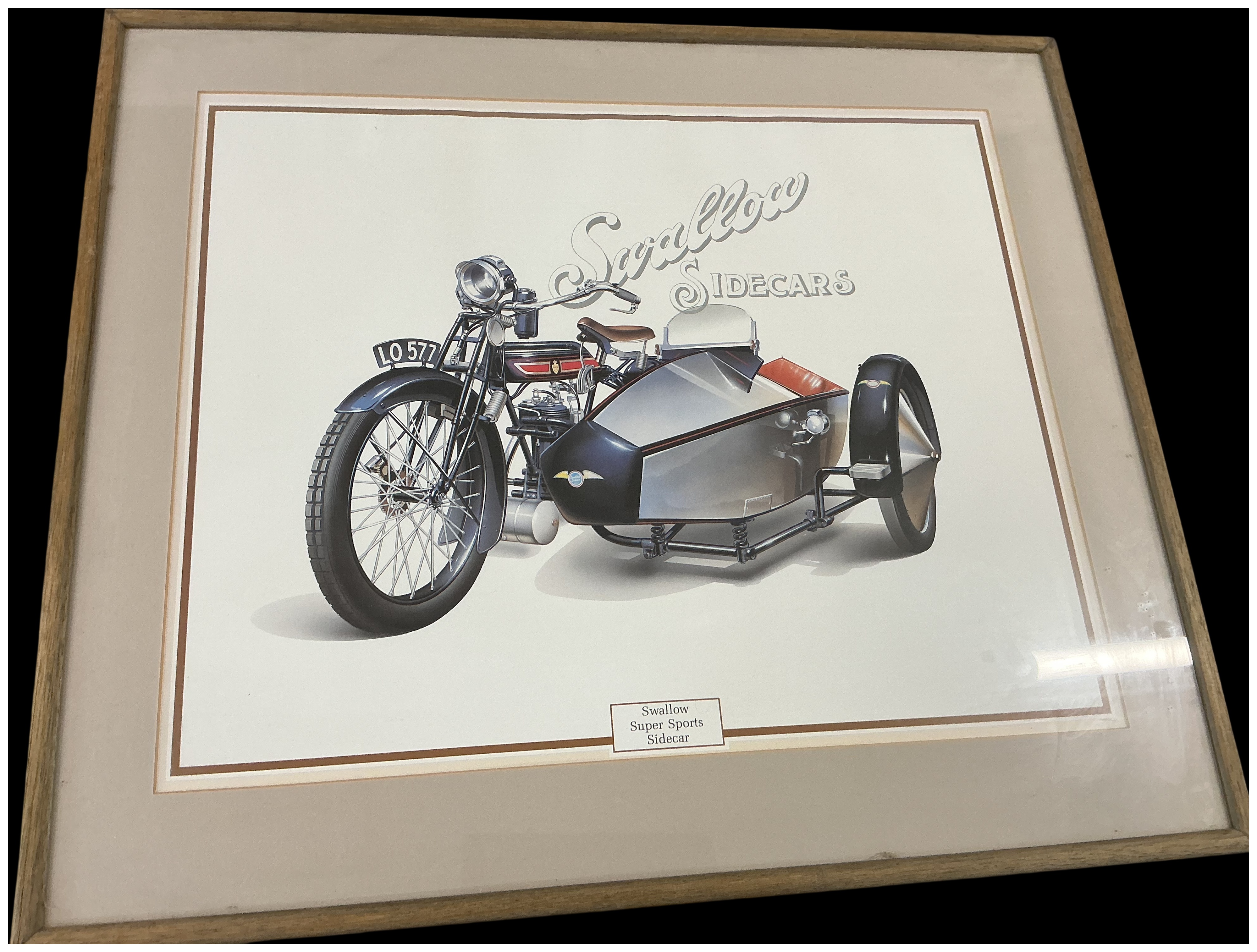 A Framed Print of a 1921 Rover 350cc Motorcycle with Swallow Super Sports Sidecar