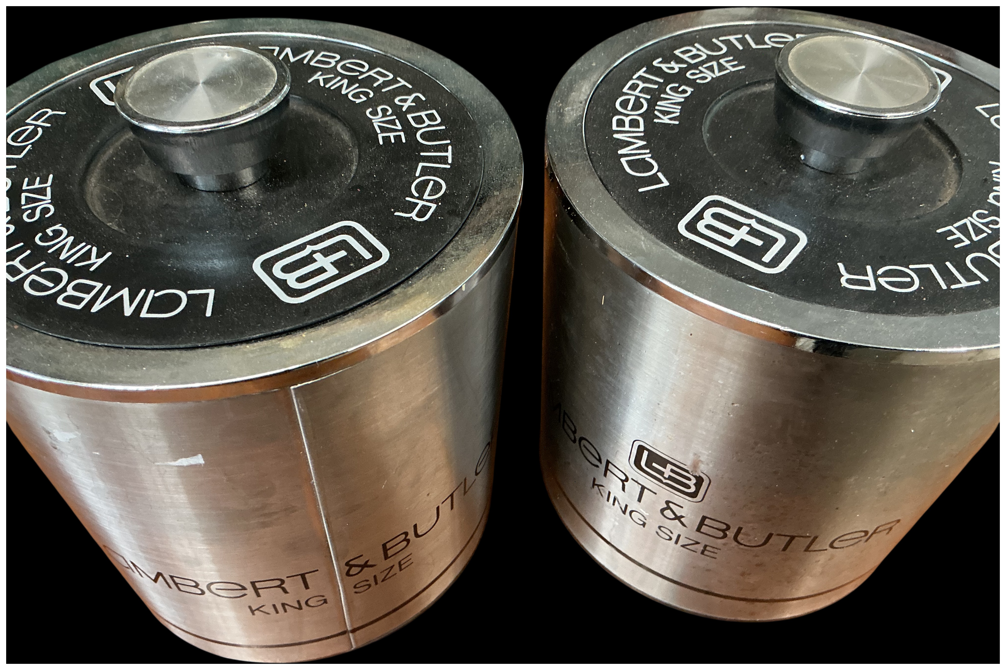 A Pair of Vintage Lambert & Butler King Size Promotional Metal Canisters