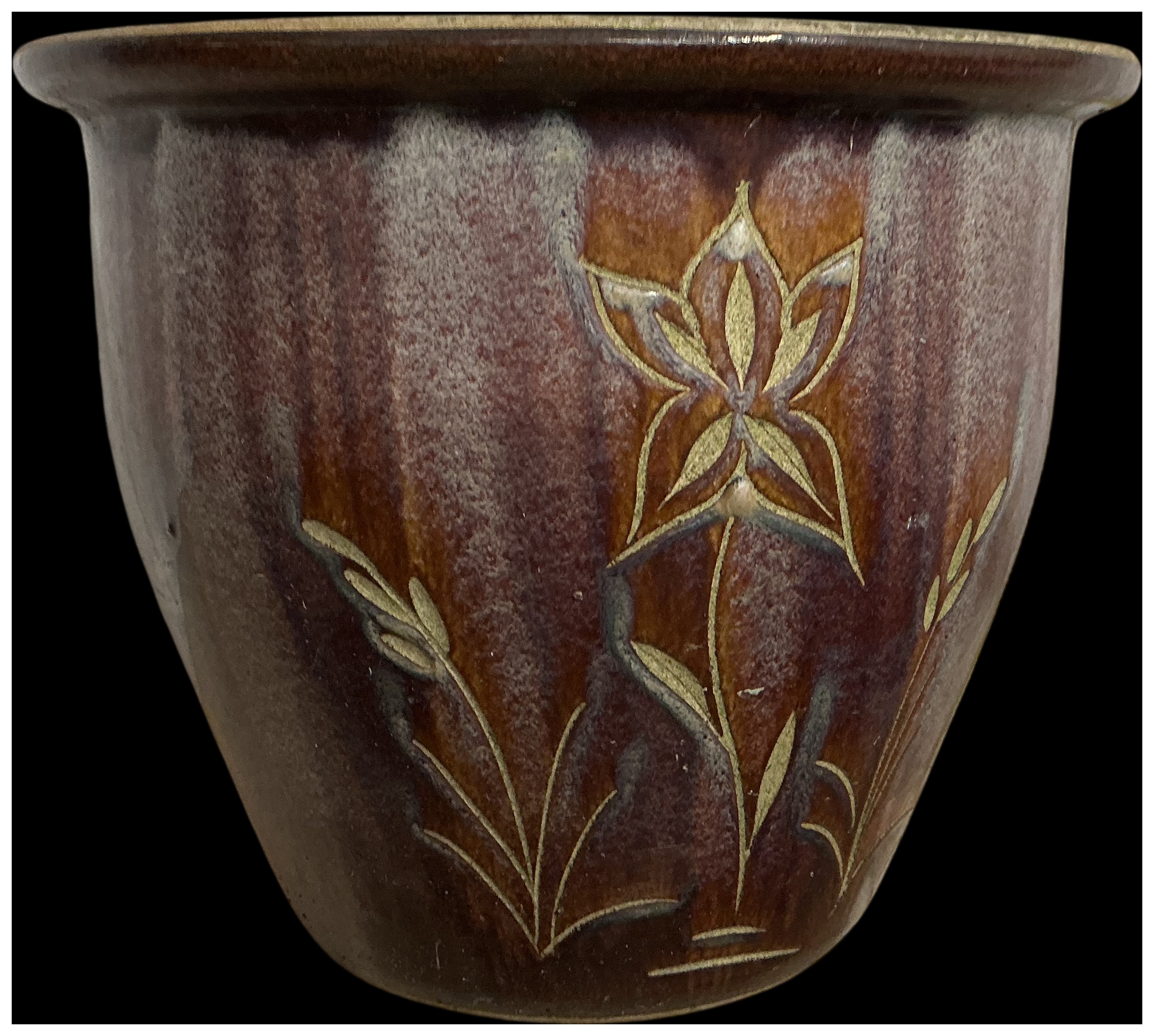 Large Glazed Stoneware Garden Planter with Sgraffito Floral Decoration
