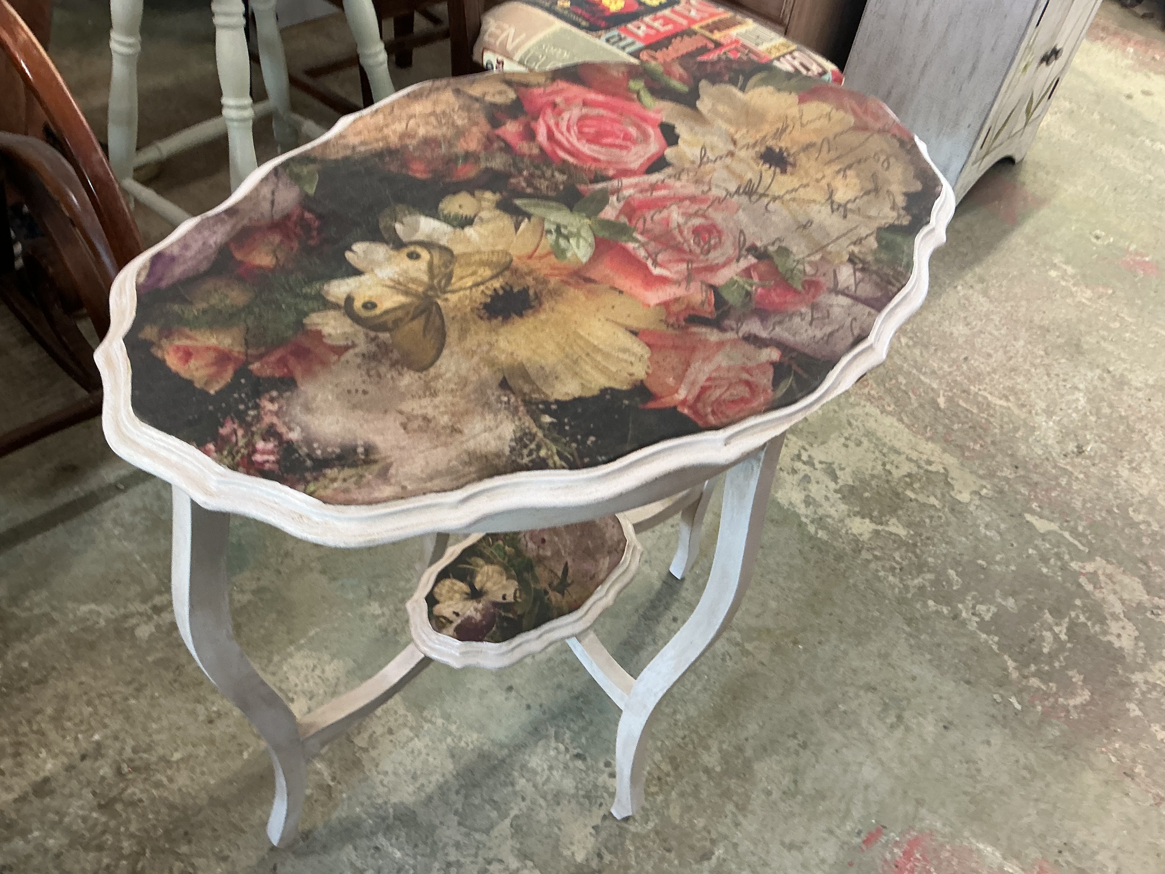 A French Provincial Style Two-Tier Side Table with Floral Decoupage Decoration