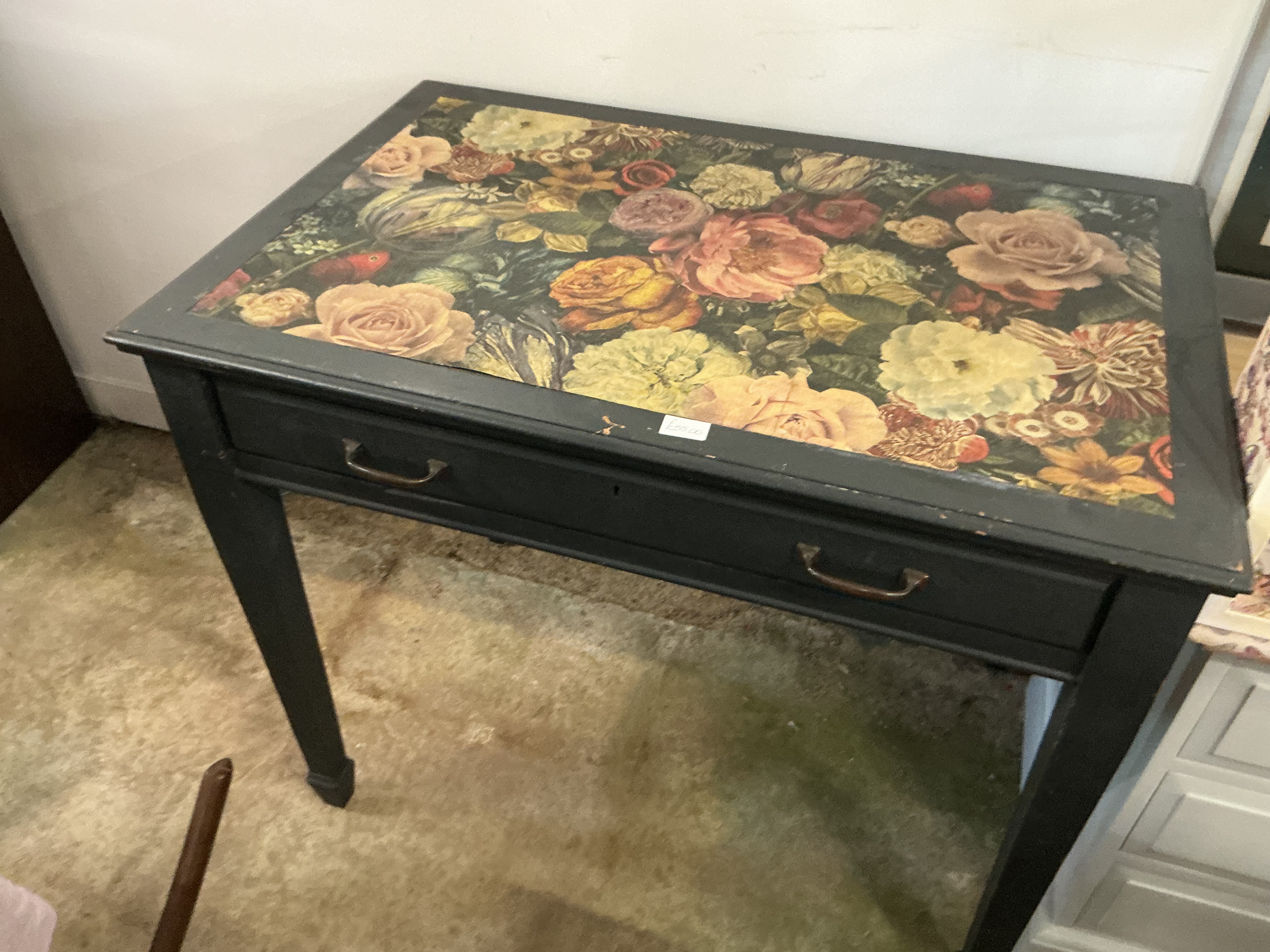 Upcycled Single Drawer Painted Wood Console Table with Floral Inset Top