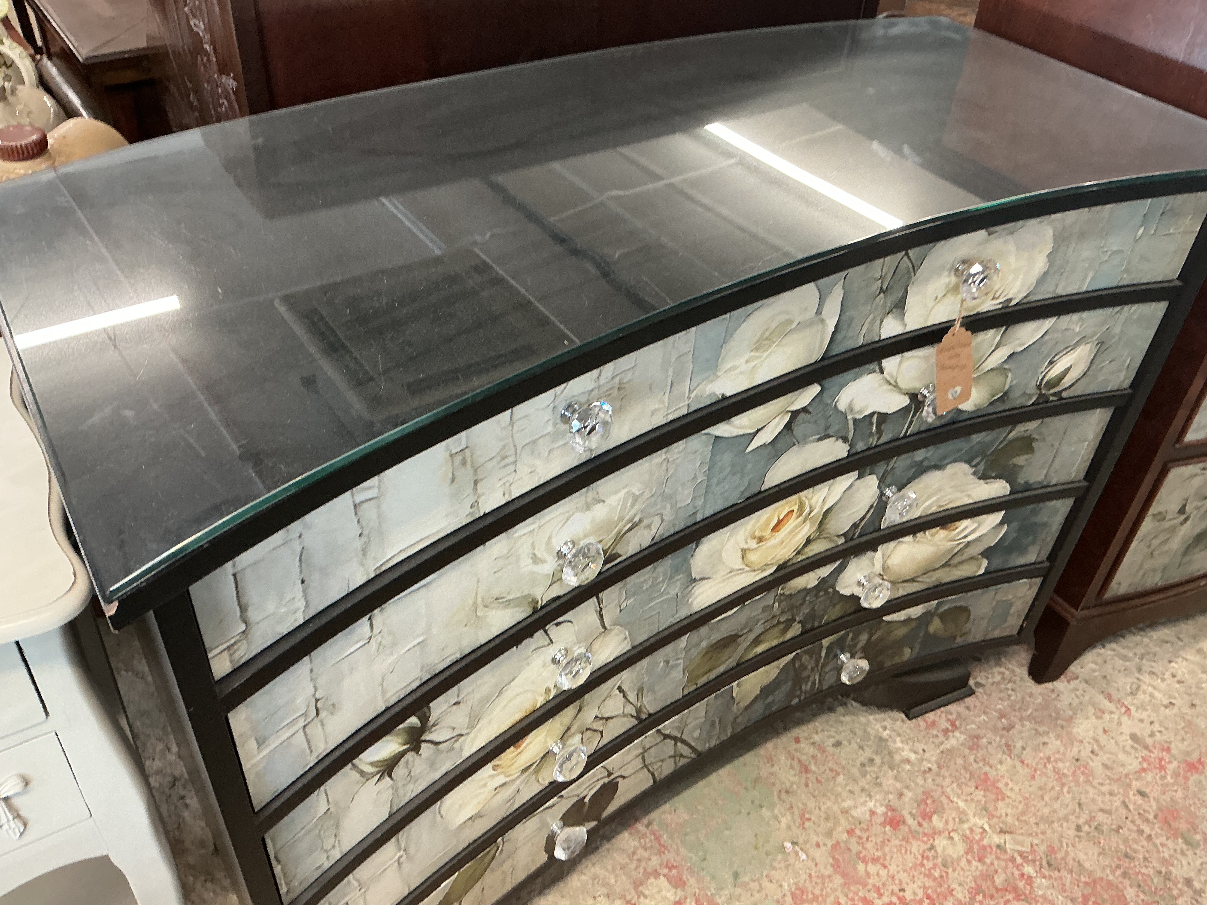 A Modern Four-Drawer Bow-Fronted Chest of Drawers with Decoupage Rose Decoration