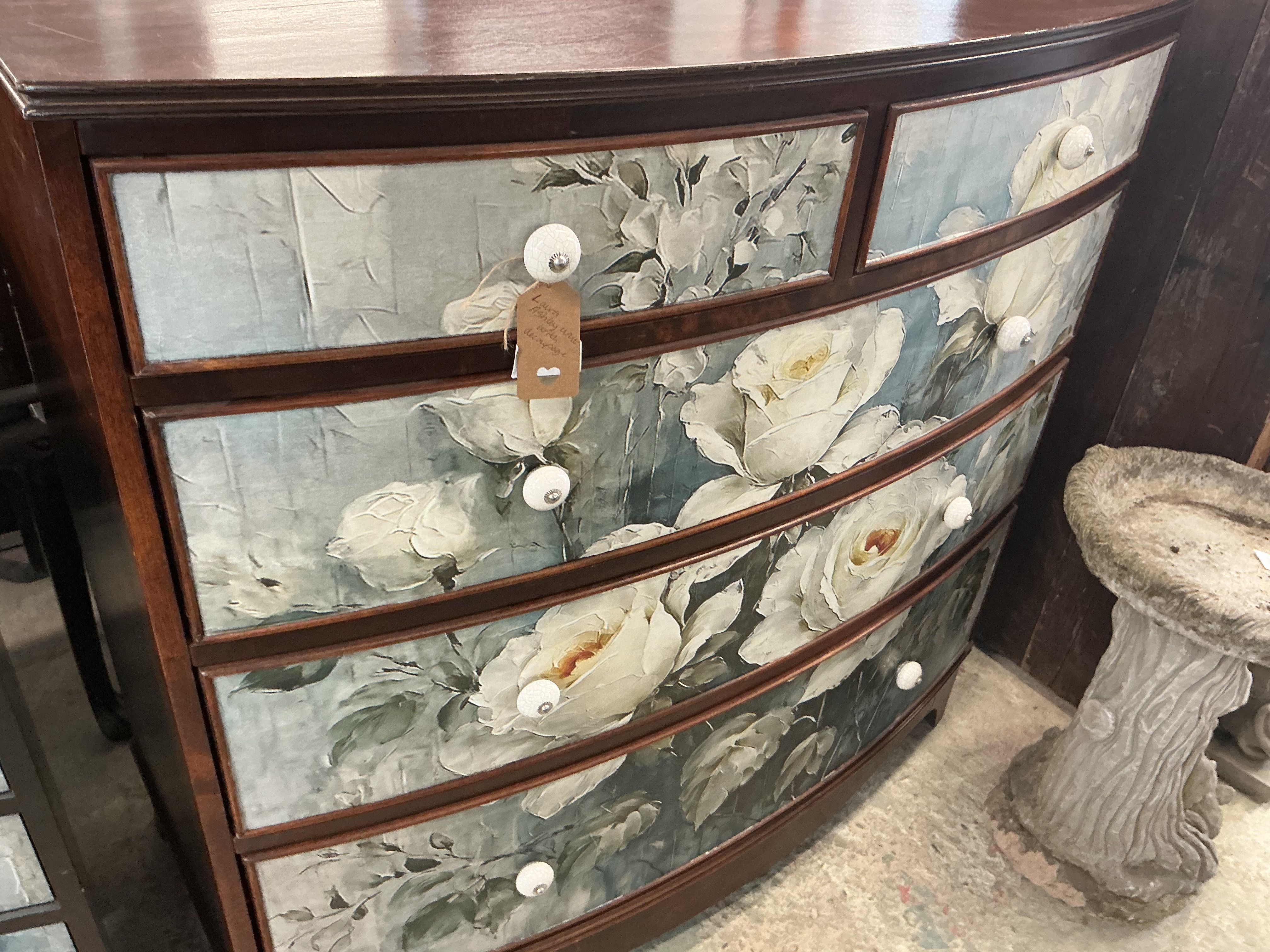 A Contemporary Upcycled Mahogany Bow-Front Chest of Drawers with Laura Ashley Floral Decoupage