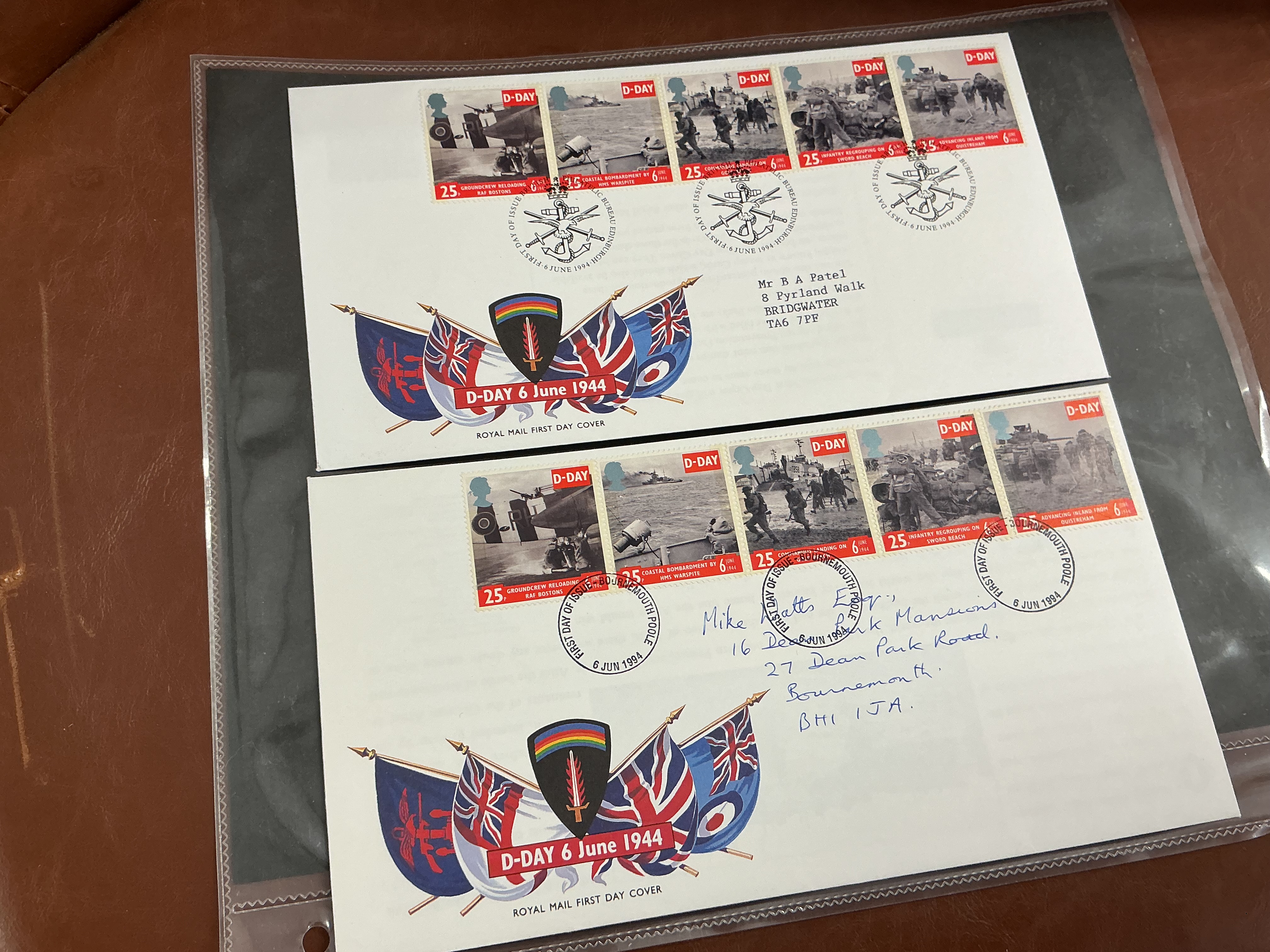 UK 1994 25p D-Day 50th Anniversary, SG 1820-1824, A Pair of FDCs