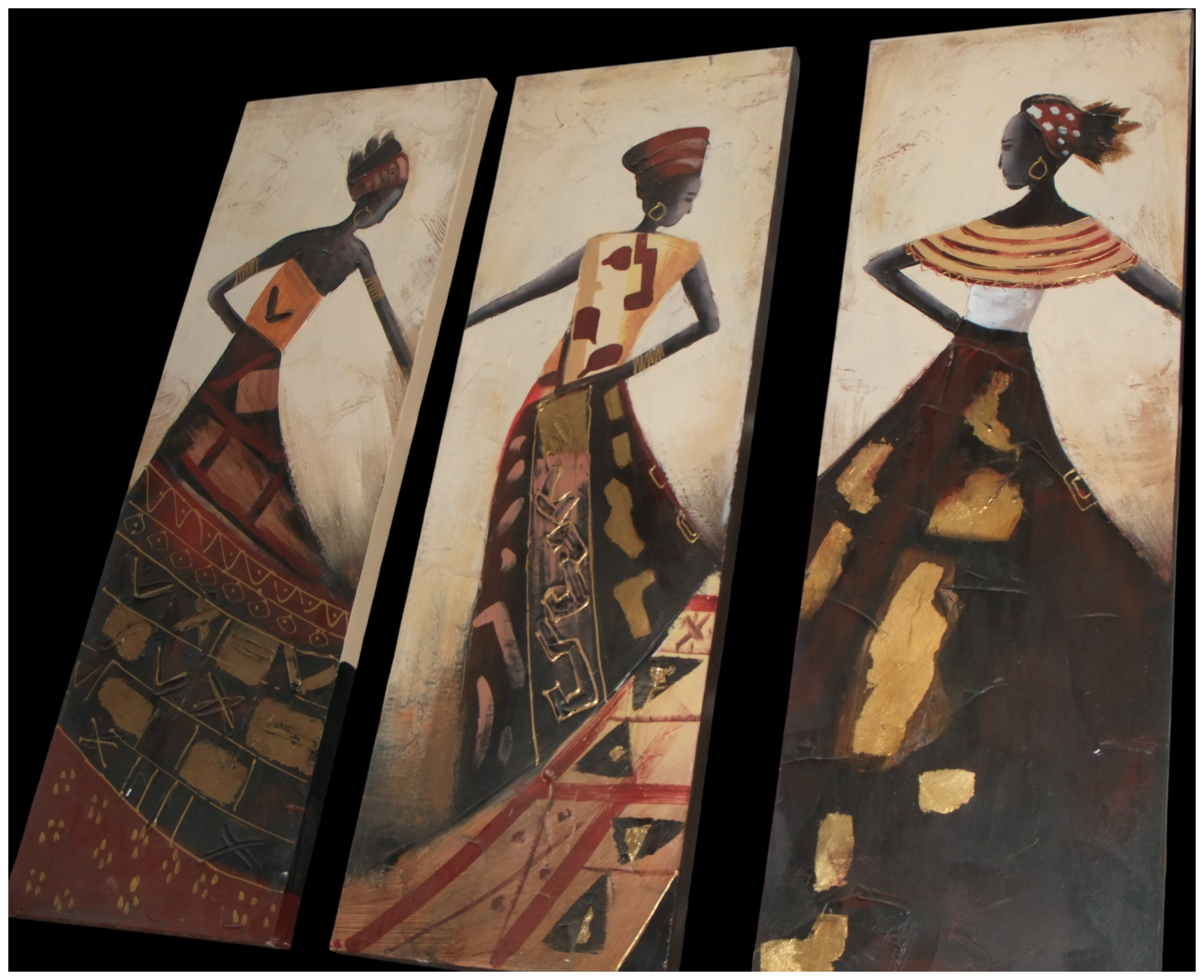 A Trio of Contemporary Mixed-Media Paintings Depicting African Women