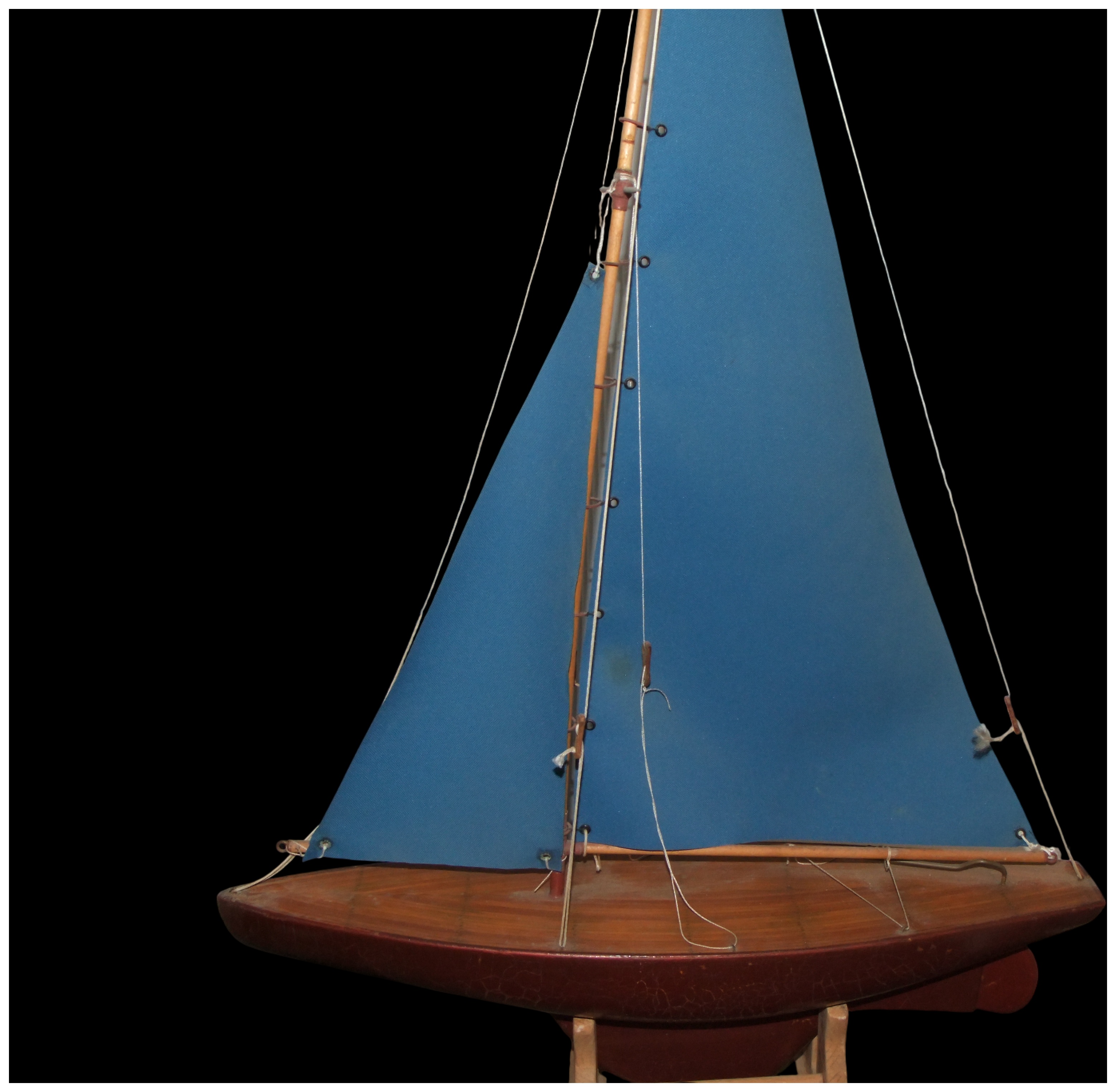 Large Gaff-Rigged Pond Yacht with Blue Sail