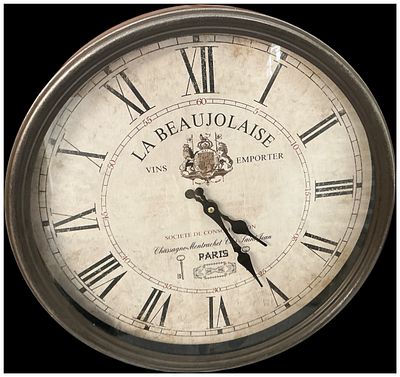 A Large French Wine Advertising Style Wall Clock. A large wall clock featuring a circular metal 