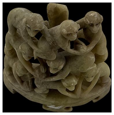 Chinese Carved Soapstone Ten Monkey Group. A Chinese hand-carved soapstone sculpture depicting 