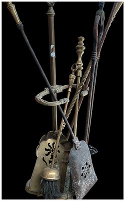 A Victorian Style Brass and Iron Fireplace Companion Set and Associated Tools. A set of 