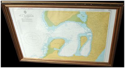 Framed British Admiralty Maritime Chart 1493 Vila Harbour Efate Island New Hebrides. A large 