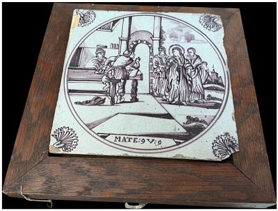 An 18th Century Dutch Delft Manganese Biblical Tile. A Dutch tin-glazed earthenware (Delftware) 