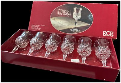 A Set of Six Royal Crystal Rock Opera Pattern Crystal Wine Goblets in Original Box. A set of six 