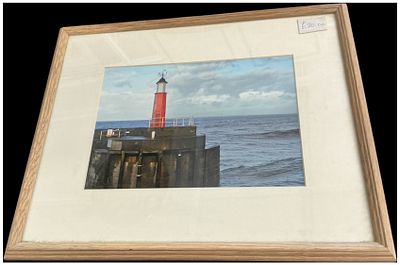Watchet Harbour Lighthouse Colour Photograph in Oak Effect Frame. A contemporary colour 