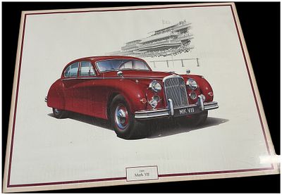 A Framed Colour Print of a 1955 Jaguar Mark VII Saloon. This framed colour print, a 