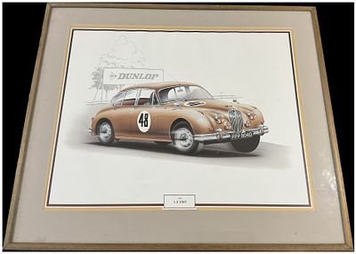 A Framed Print Depicting a 1966 Jaguar 3.8 MkII Racing Car. This framed colour print depicts a 