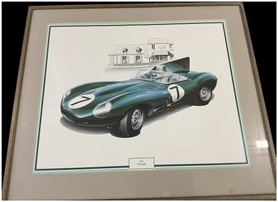 A Framed Colour Lithograph of a 1956 Jaguar D-Type Racing Car. This colour lithographic print 