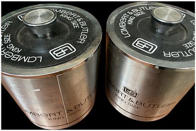 A Pair of Vintage Lambert & Butler King Size Promotional Metal Canisters. A pair of vintage 