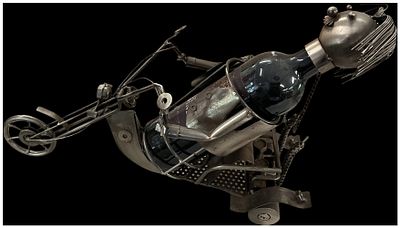 A Welded Metal Novelty Motorcycle Wine Bottle Holder. A contemporary novelty wine bottle holder 