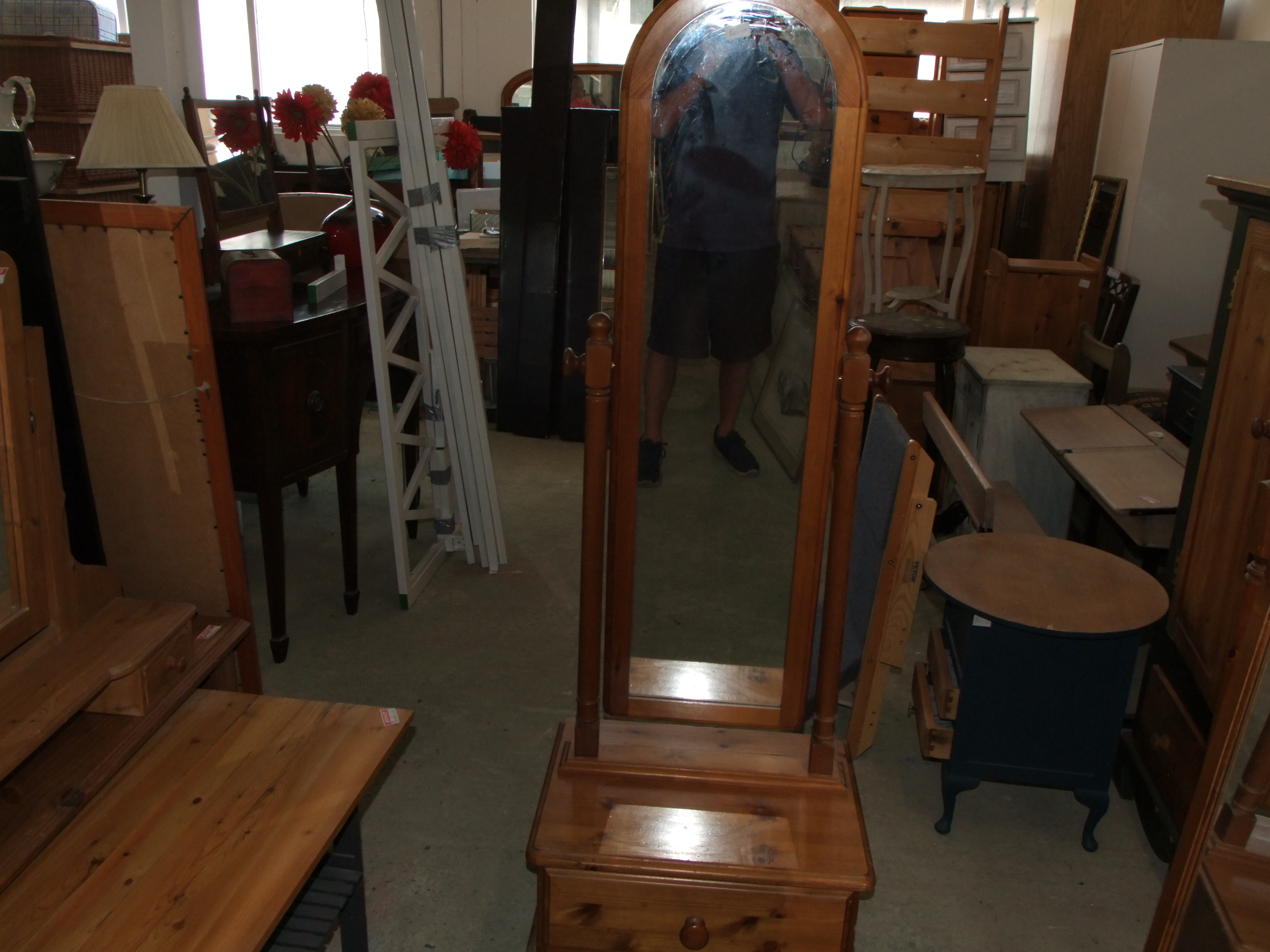 Pine Cheval Mirror with Drawer Base