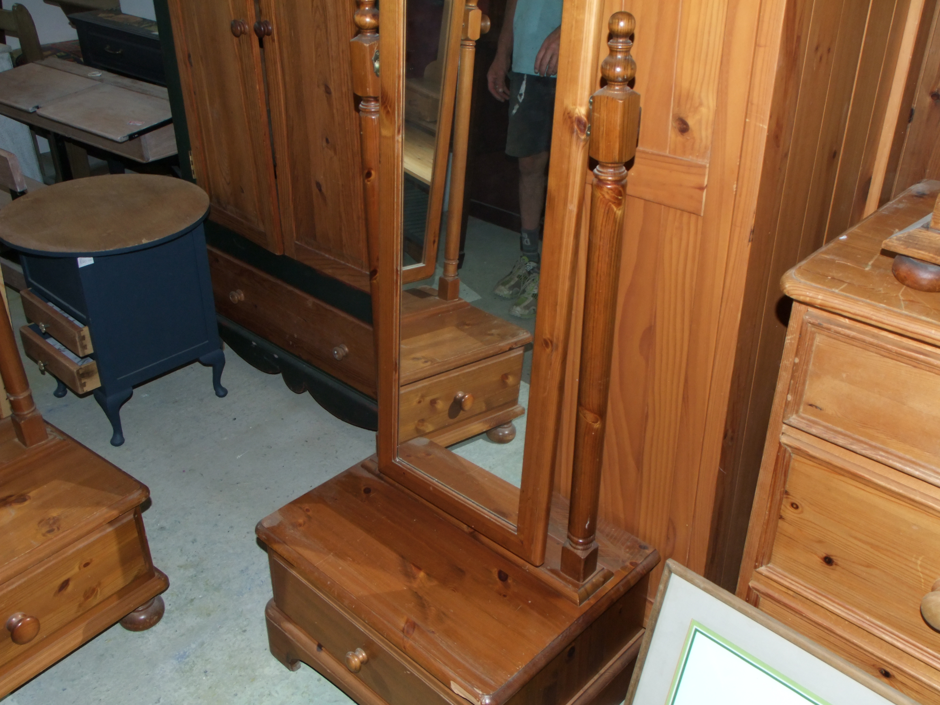 A Modern Pine Cheval Mirror with Base Drawer