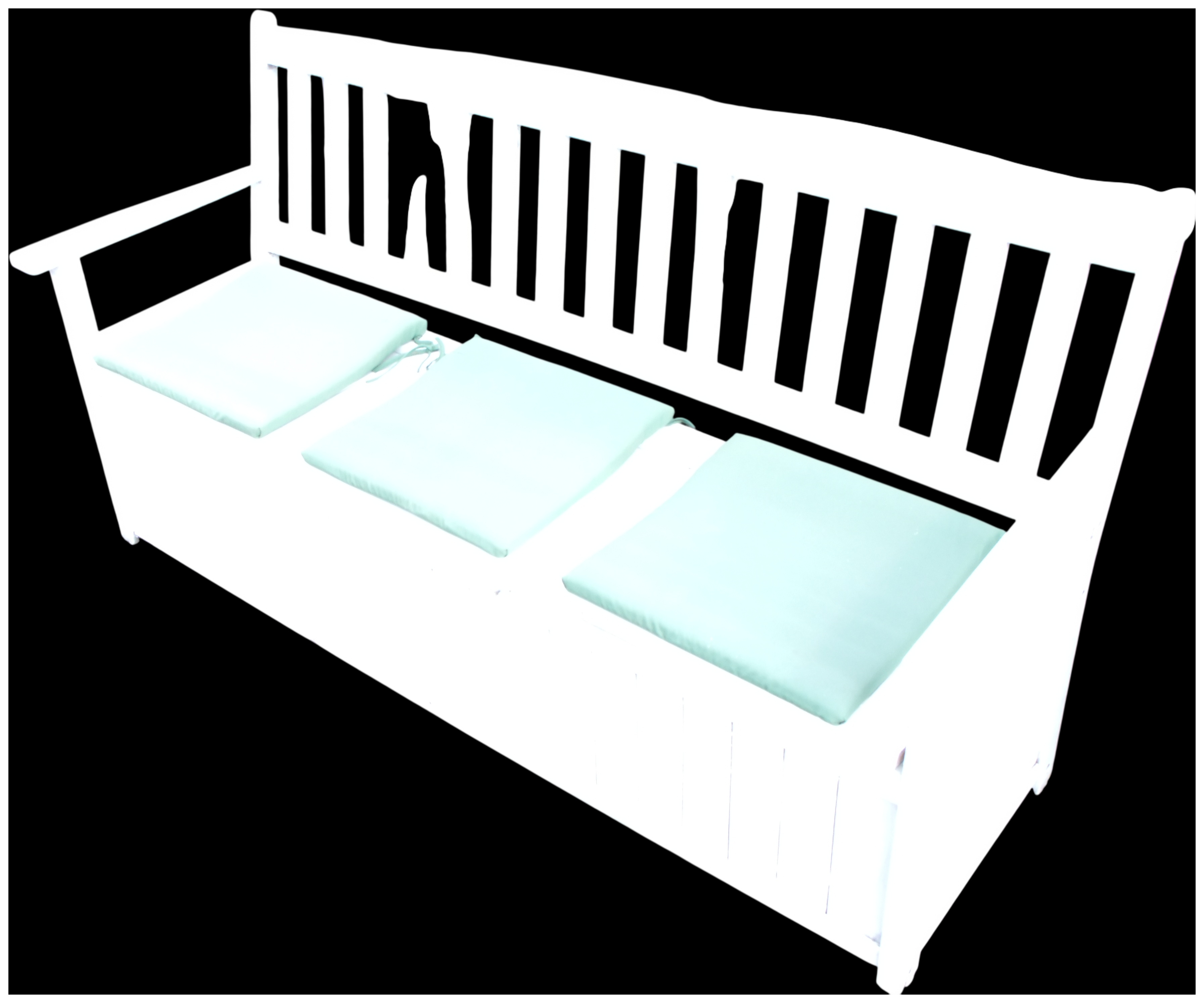 Two wooden garden benches including a white-painted storage bench with cushions