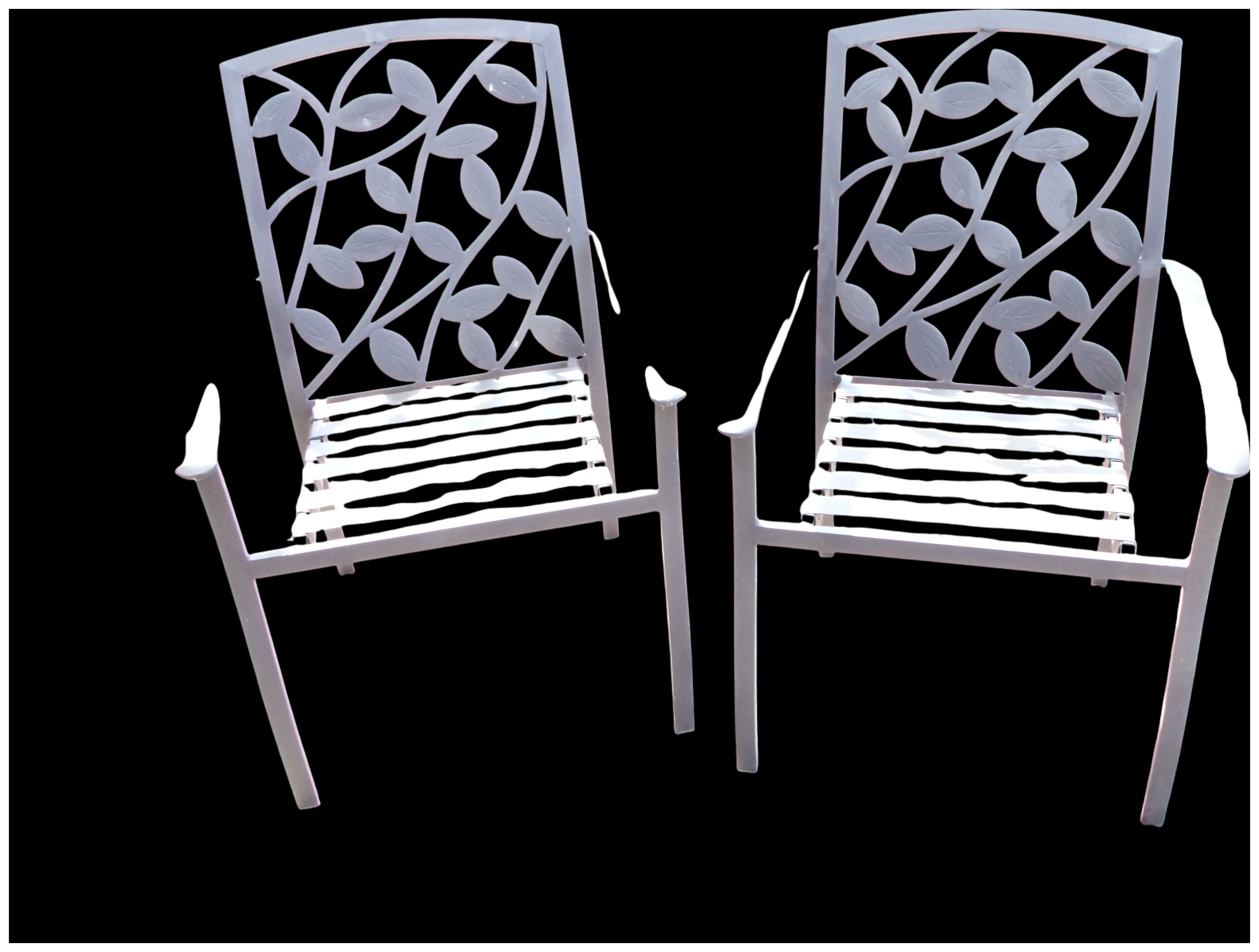 A Pair of Contemporary Metal Garden Armchairs with Leaf Motif Backrests