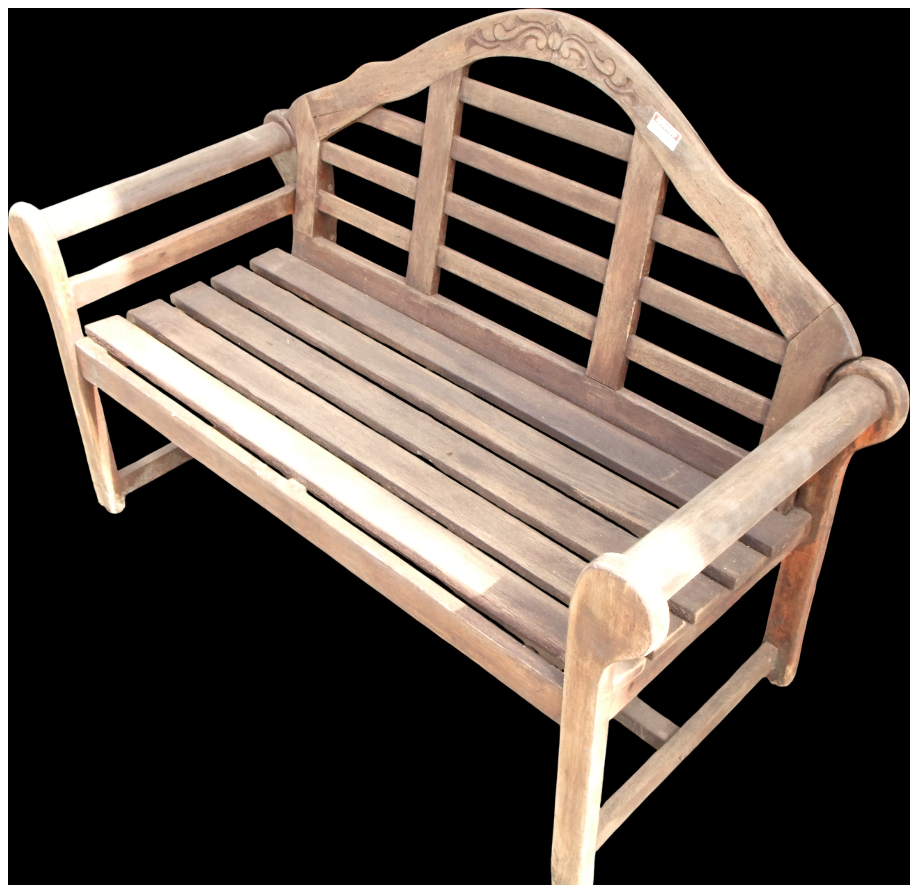 A Weathered Hardwood Two Seater Garden Bench with Carved Arched Backrest
