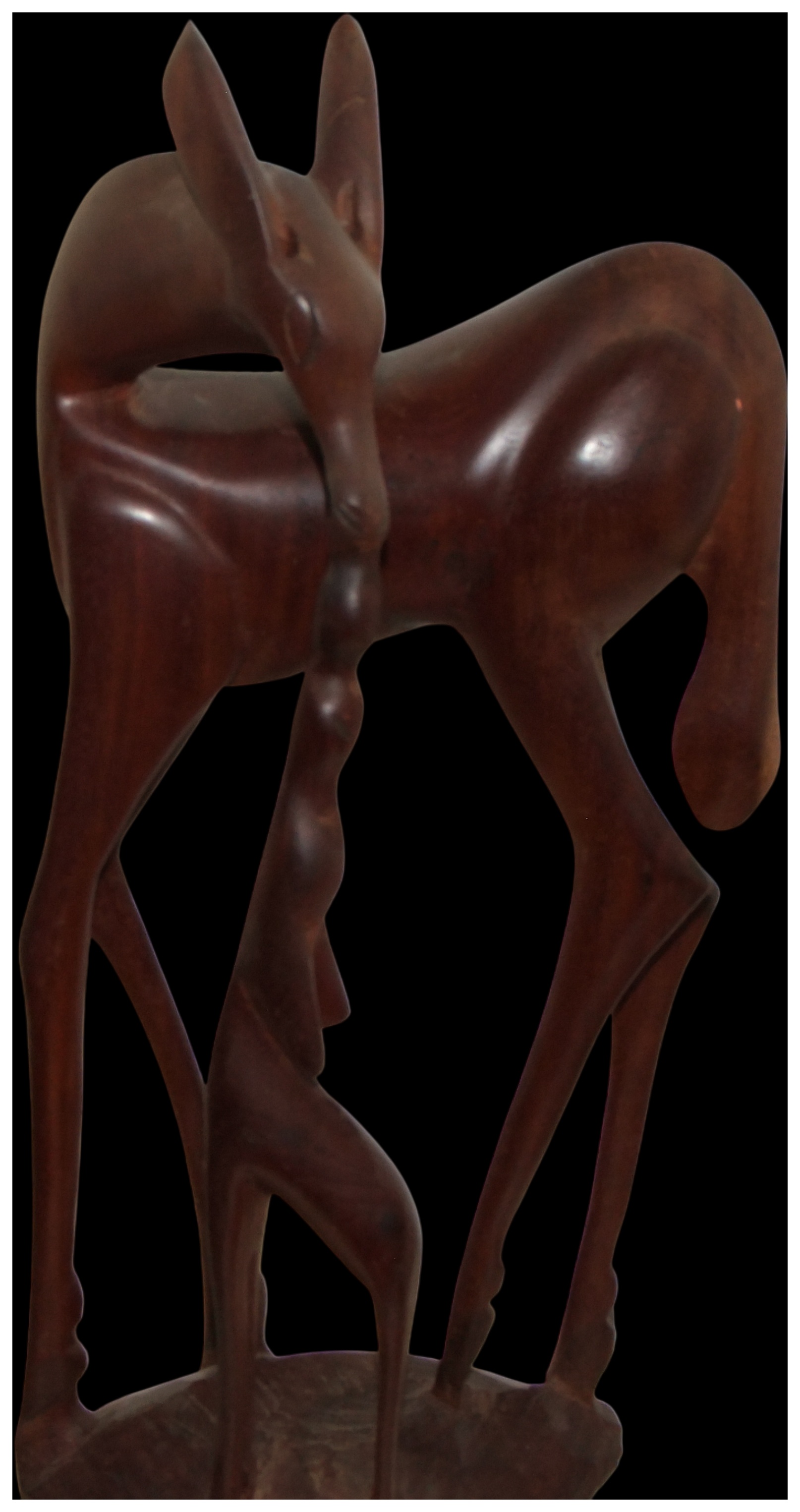 Mid-Century Modern Stylized Hardwood Sculpture of a Mother and Nursing Fawn