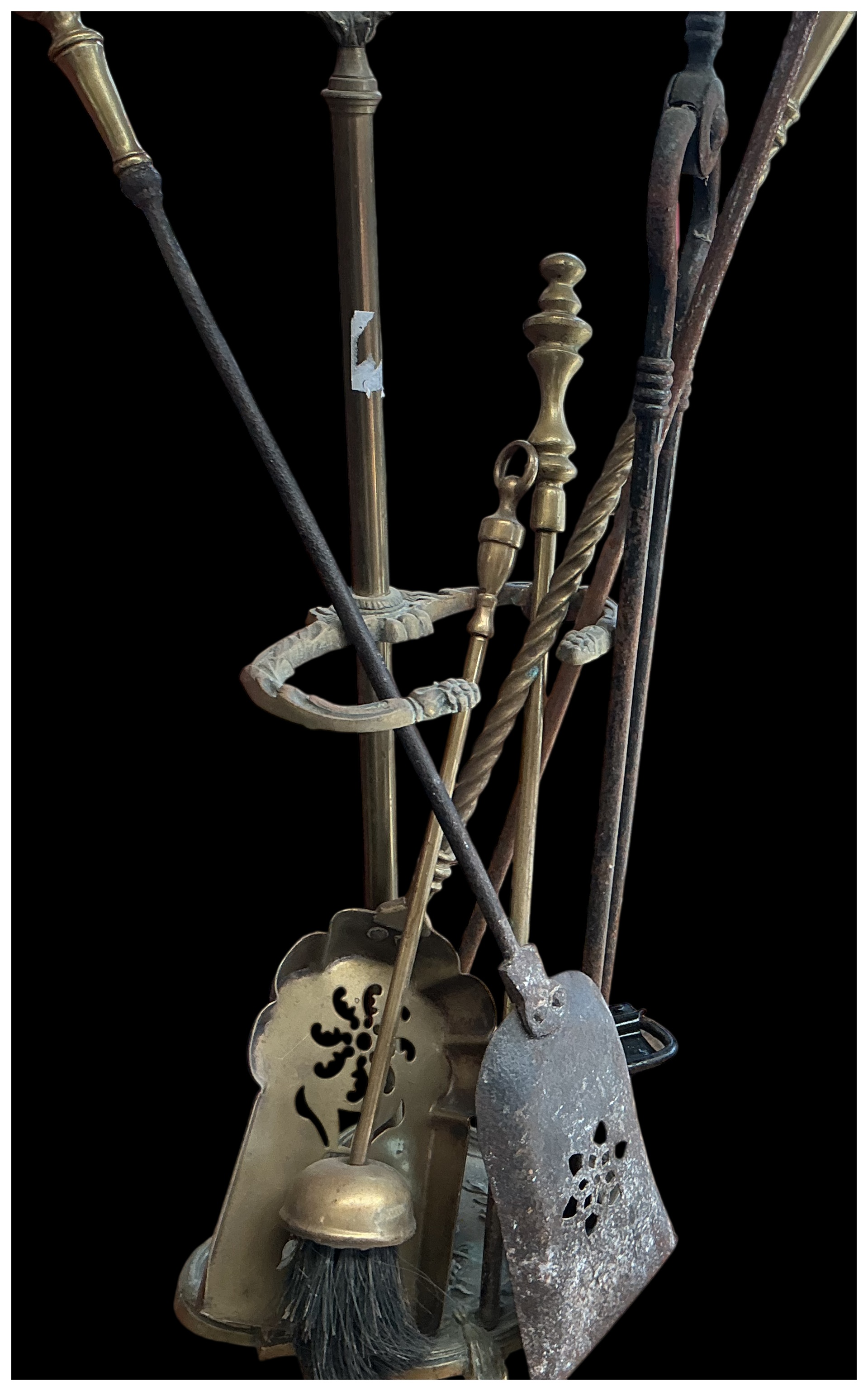 A Victorian Style Brass and Iron Fireplace Companion Set and Associated Tools