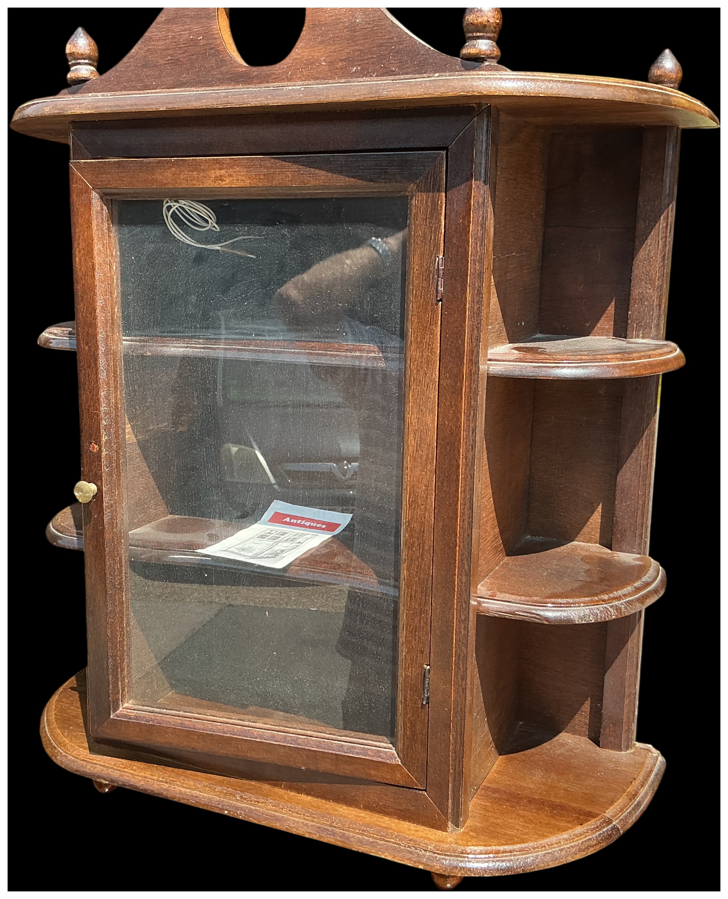 An Edwardian style stained hardwood tabletop or wall mounted display cabinet