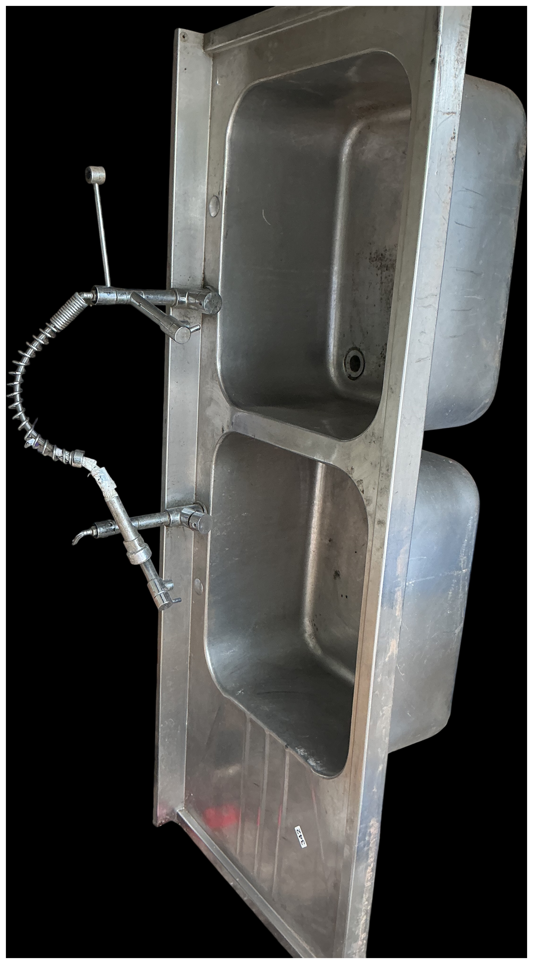 Commercial Double Bowl Stainless Steel Catering Sink with Integrated Right Hand Drainboard and Two Pre-Rinse Spray Faucets