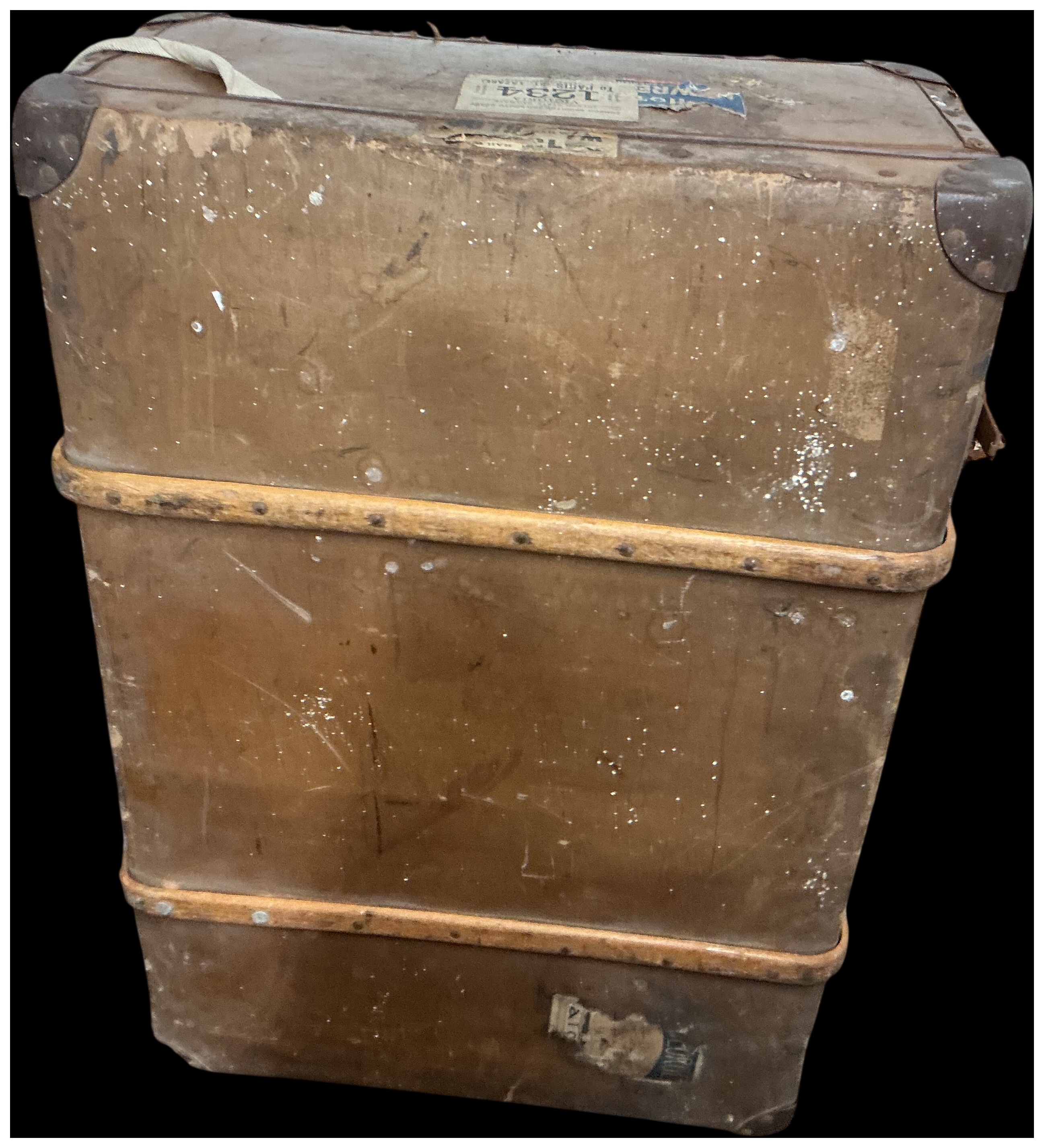 An Antique Bound Travel Trunk with Cross-Channel Railway Transit Labels and Associated Artwork