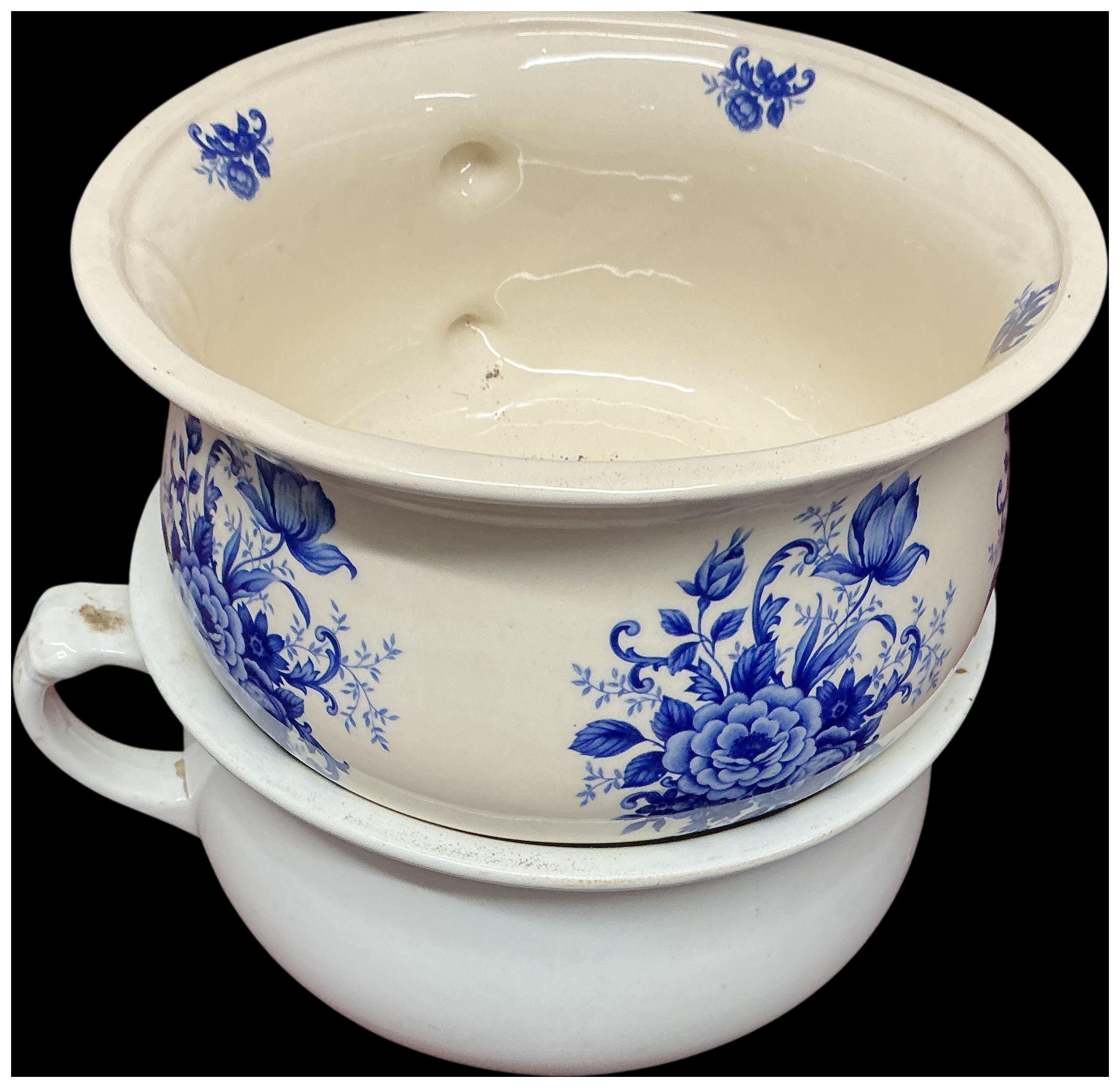 Two Victorian Style Earthenware Chamber Pots Including a Blue Transfer-Printed Example
