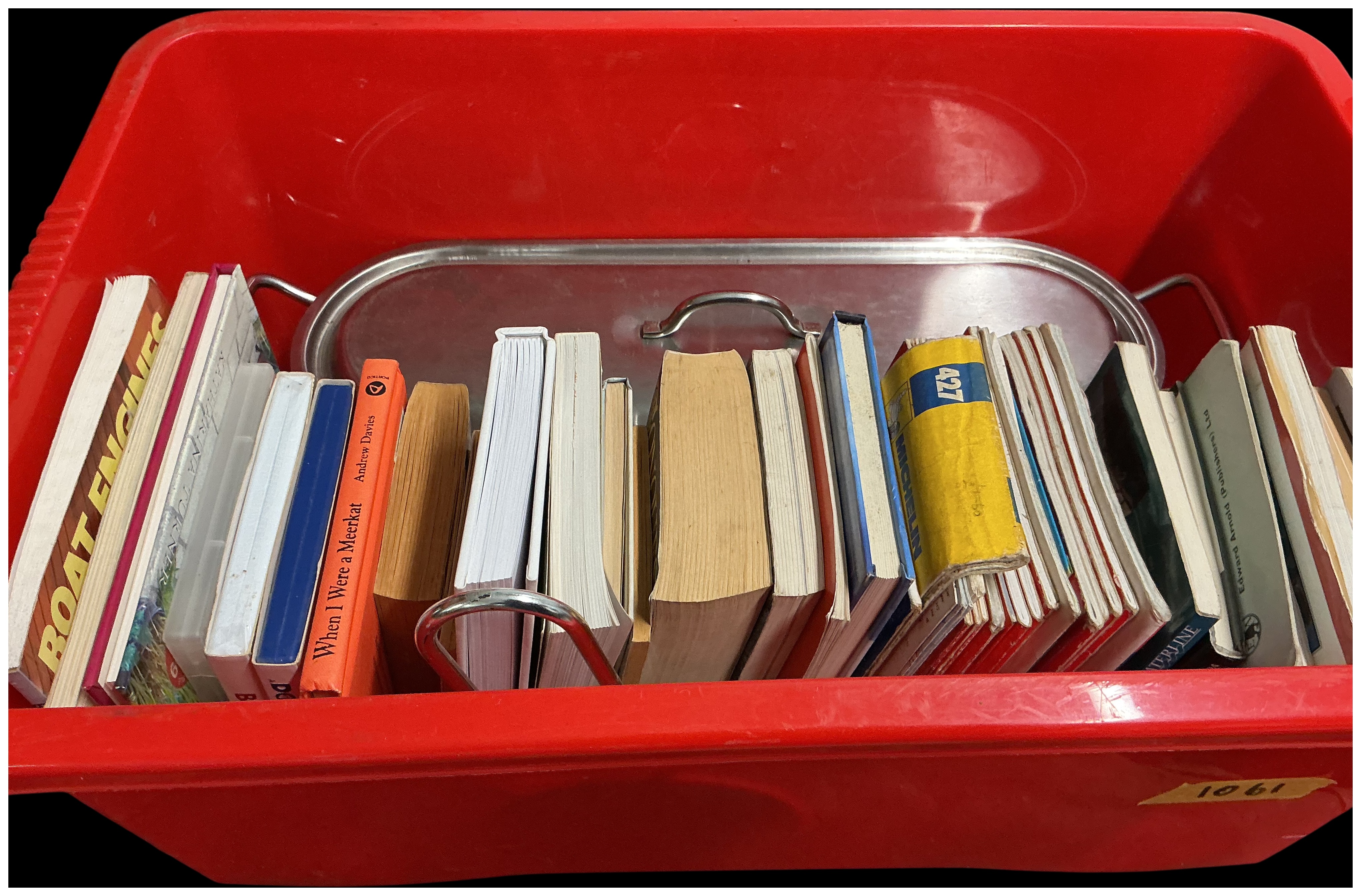 A Collection of Assorted Books together with a Stainless Steel Fish Poacher and a Red Plastic Storage Bin