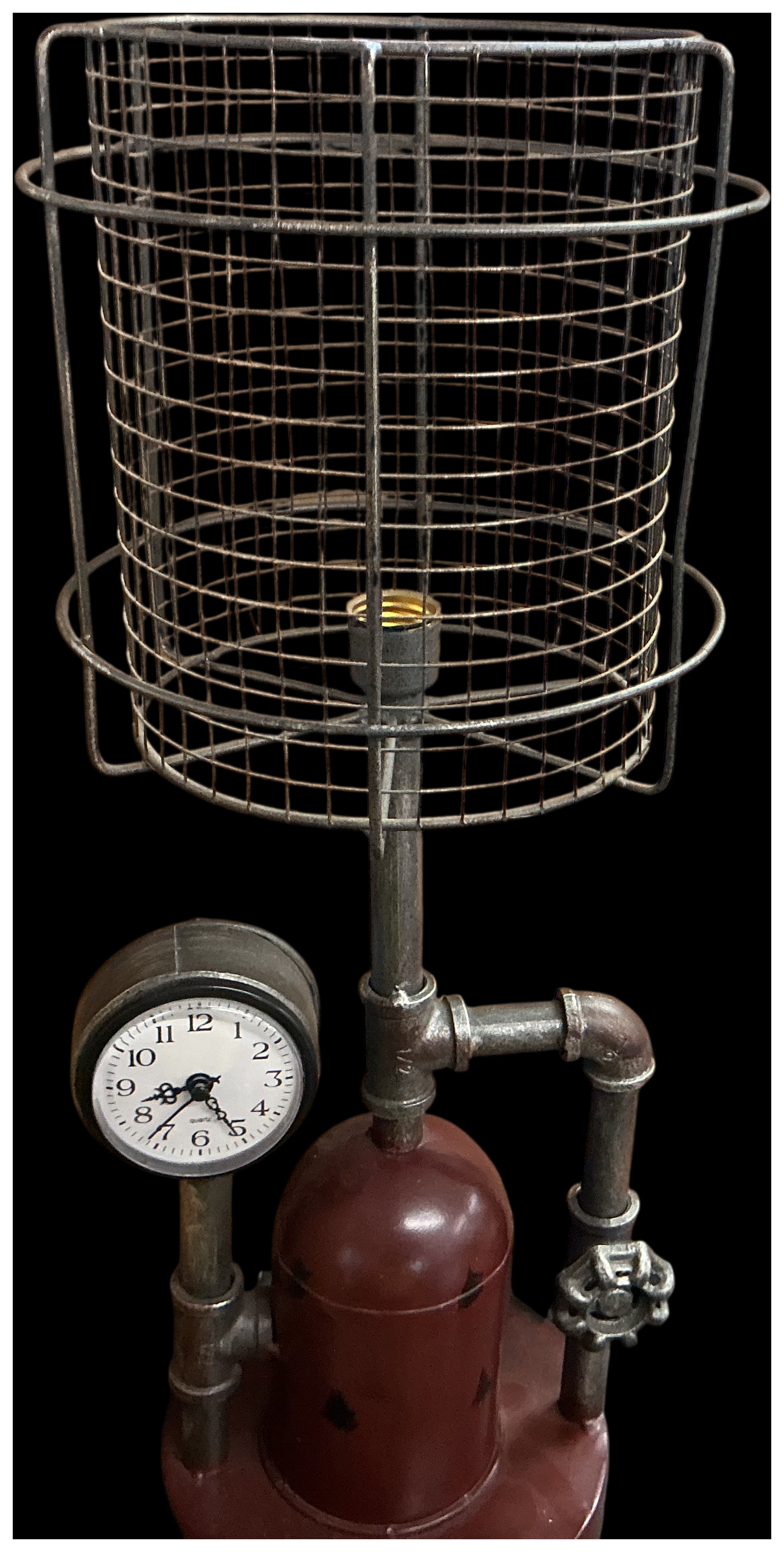Industrial Style Steampunk Metal Table Lamp with Integrated Clock and Wire Cage Shade