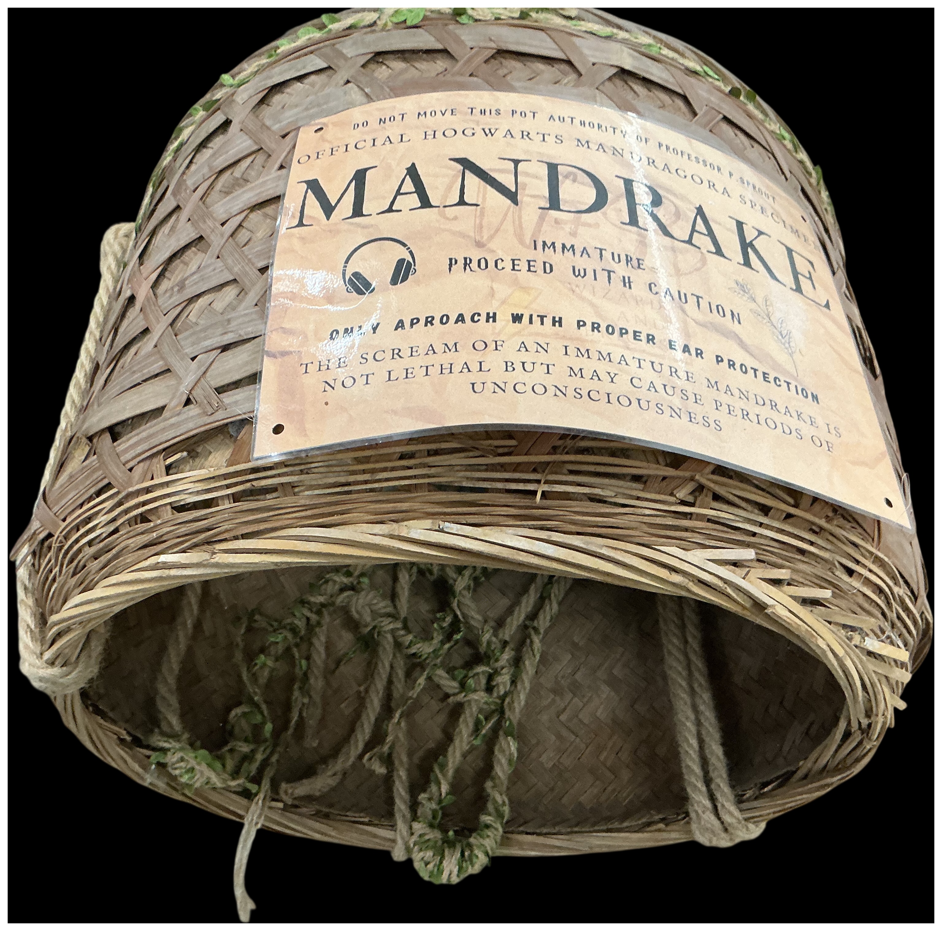 Fan-Made Mandrake Prop Replica in a Vintage Japanese Bamboo Harvest Basket