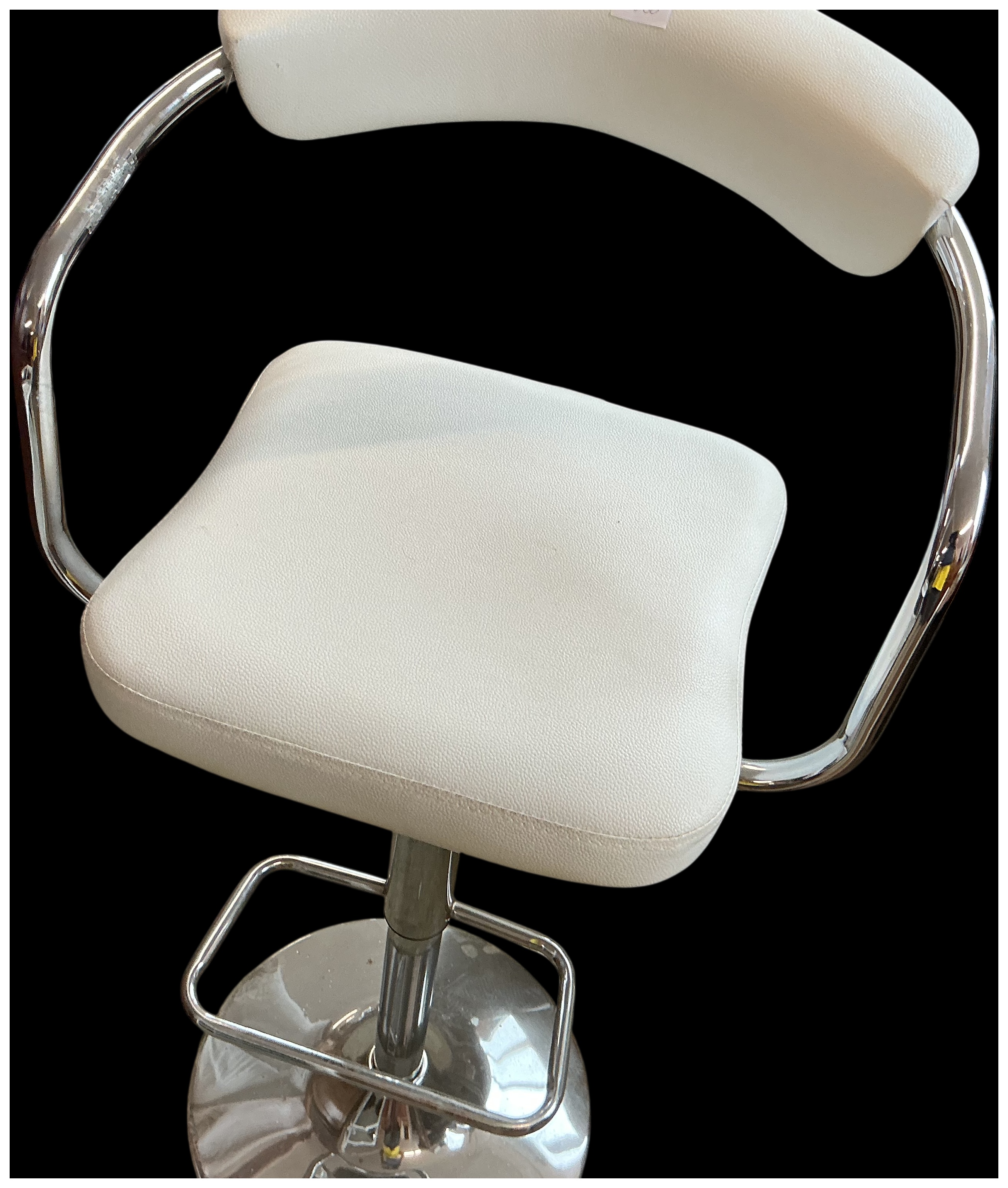 A Contemporary White Faux Leather and Chrome Adjustable Swivel Bar Stool