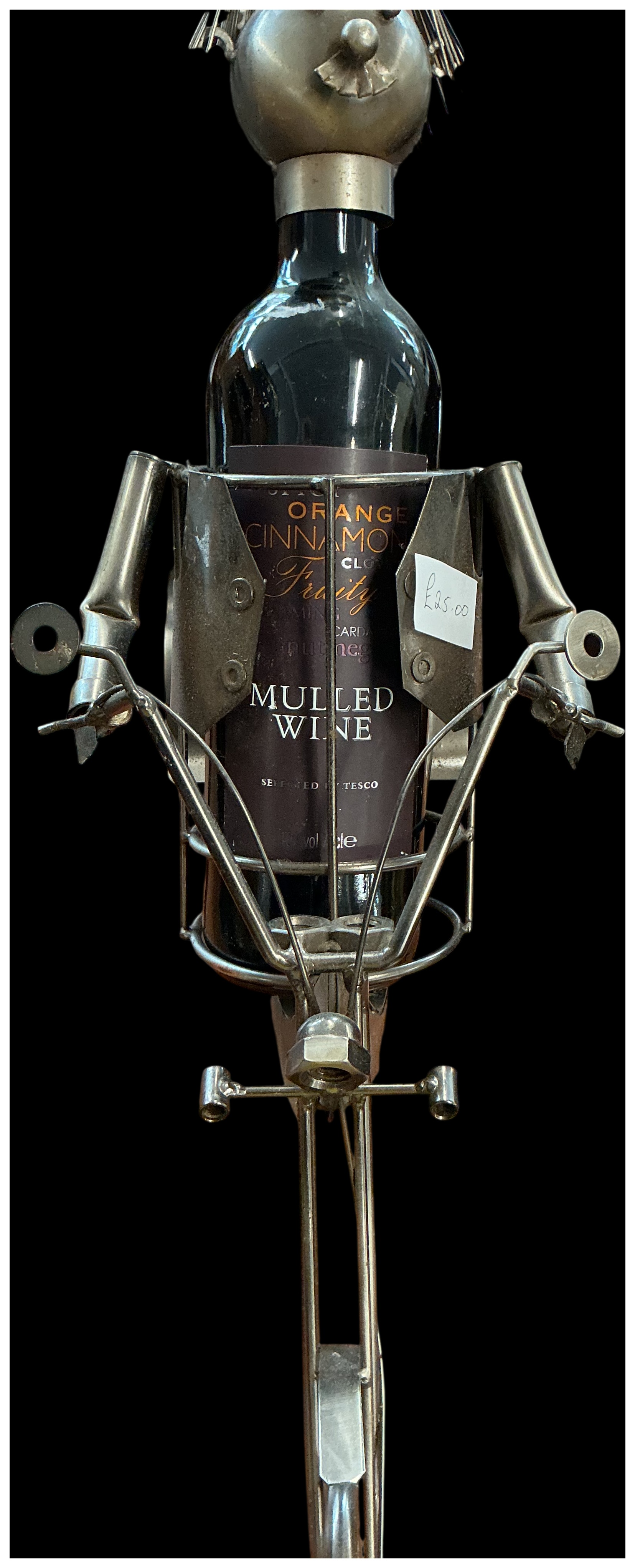 A Contemporary Novelty Industrial Scrap Metal Style Cyclist Wine Bottle Holder