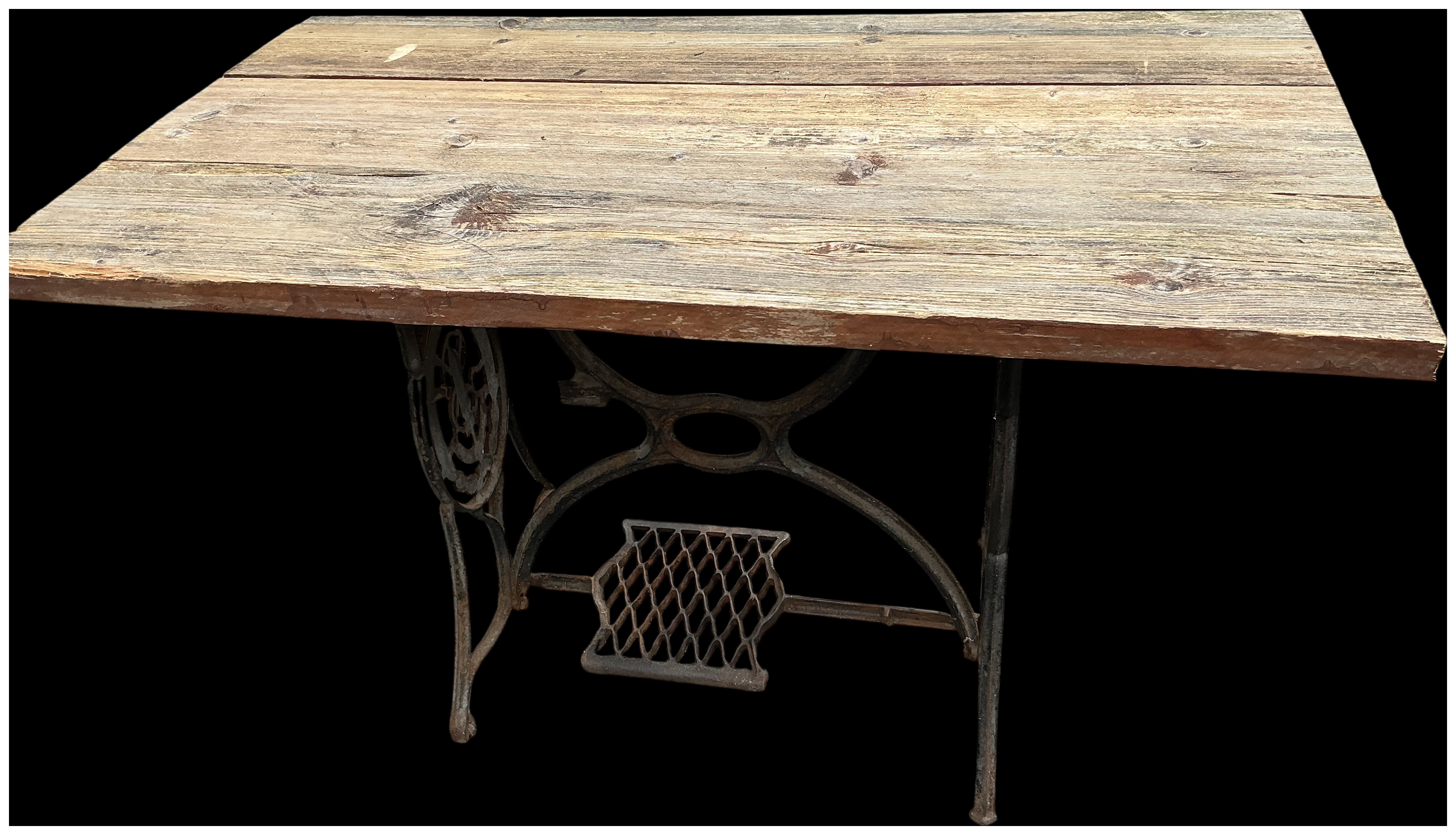 Rustic Industrial Console Table with Cast Iron Treadle Sewing Machine Base and Reclaimed Timber Top