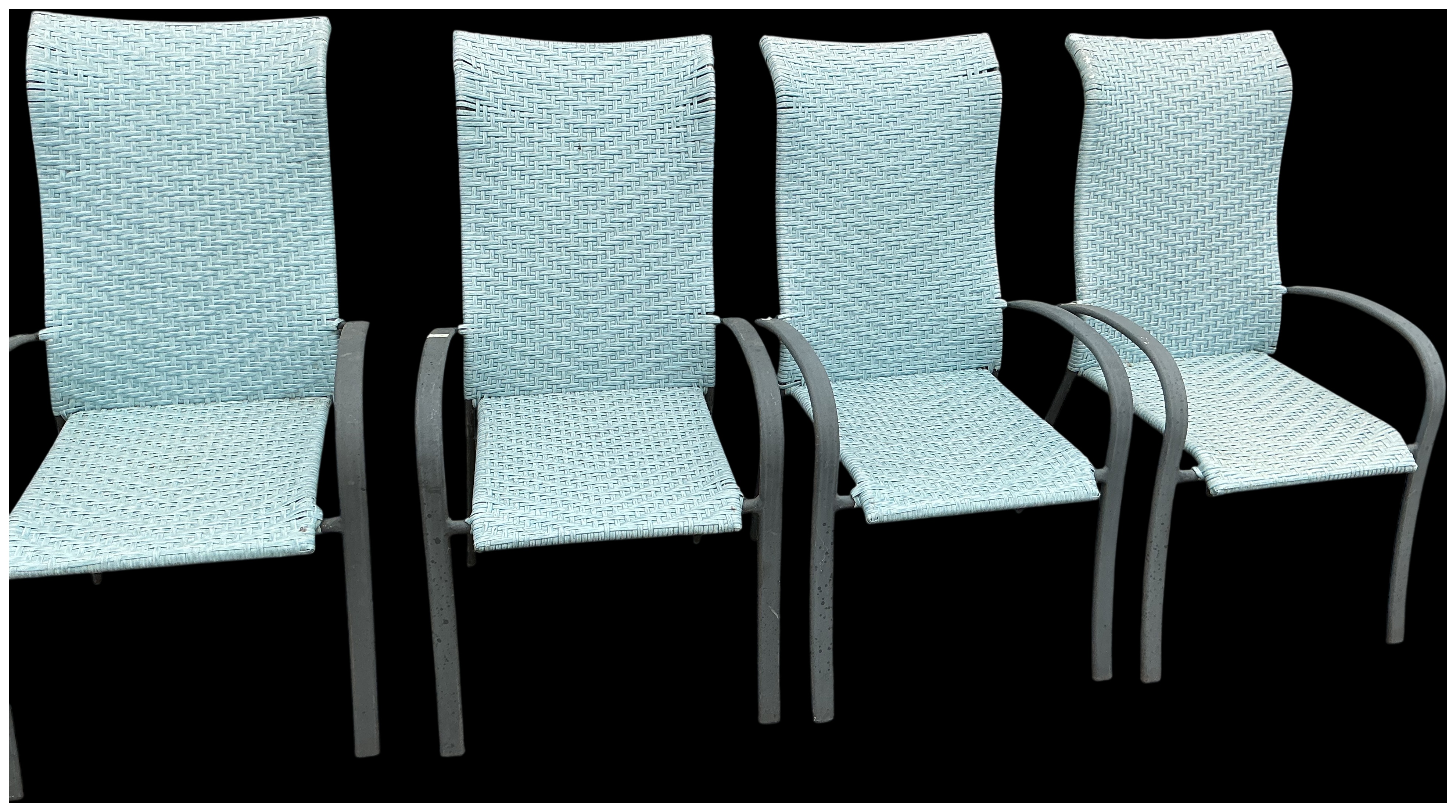 A Set of Four Contemporary Woven Resin and Metal Outdoor Armchairs
