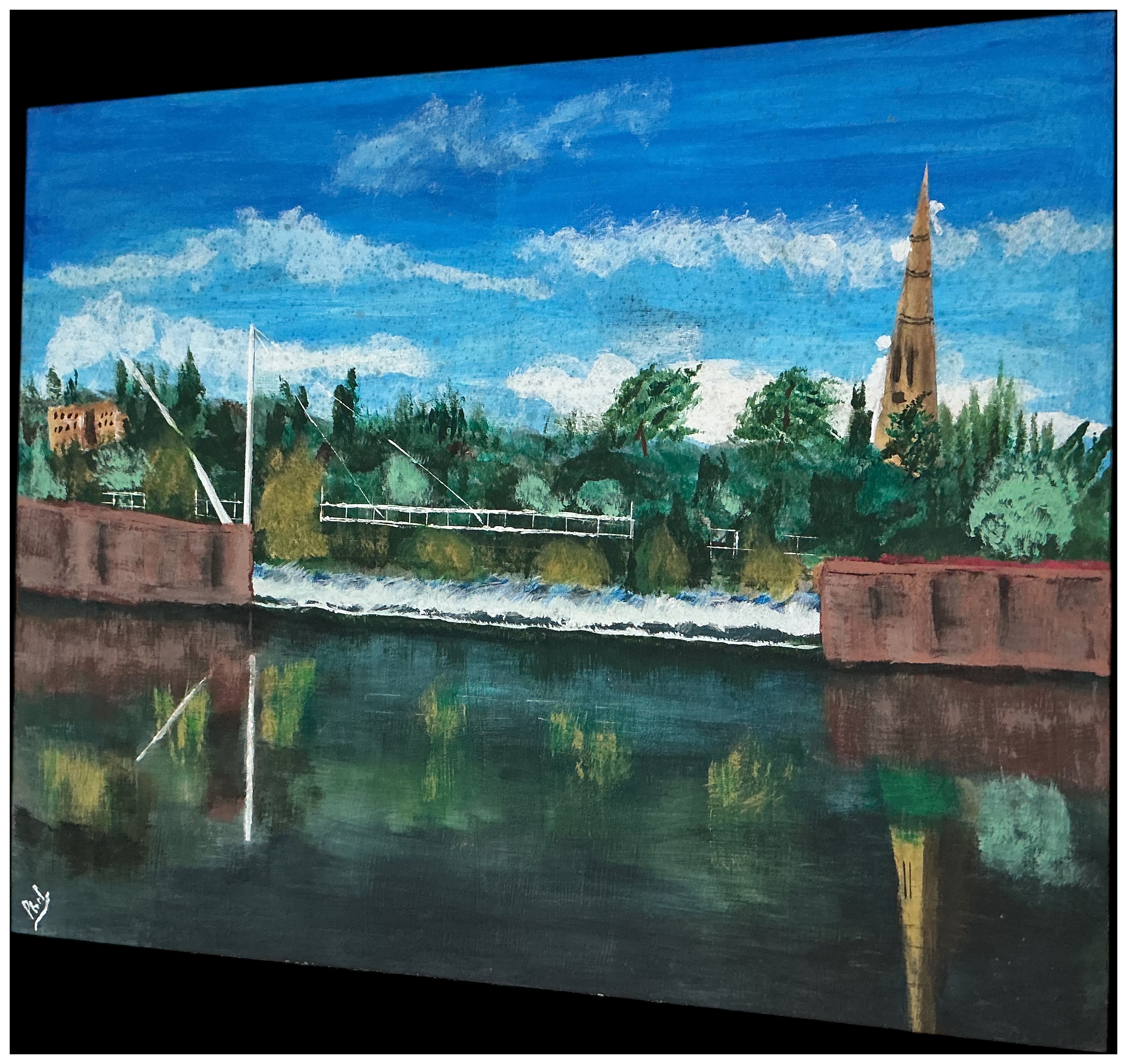 Attributed to Phil (Contemporary), Riverside Landscape with Weir and Church Spire, Oil or Acrylic on Canvas