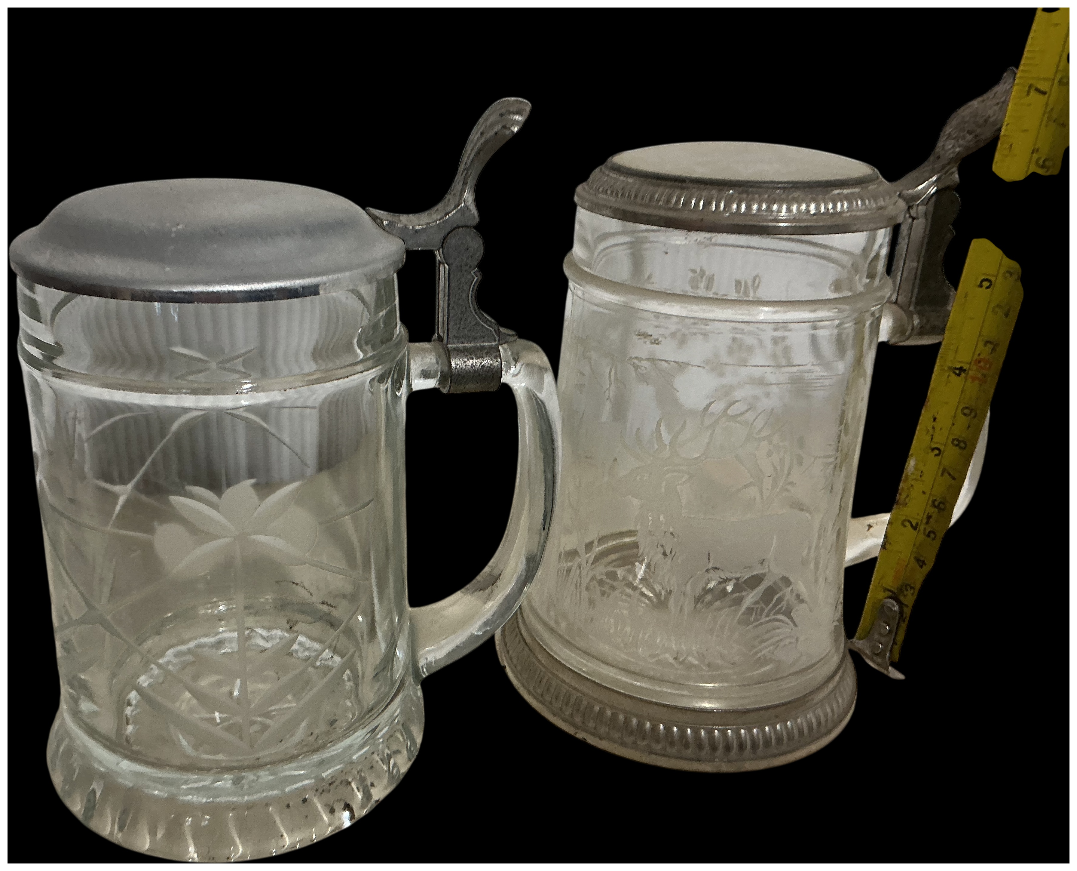 Two Glass Beer Steins in the German Style with Pewter Lids