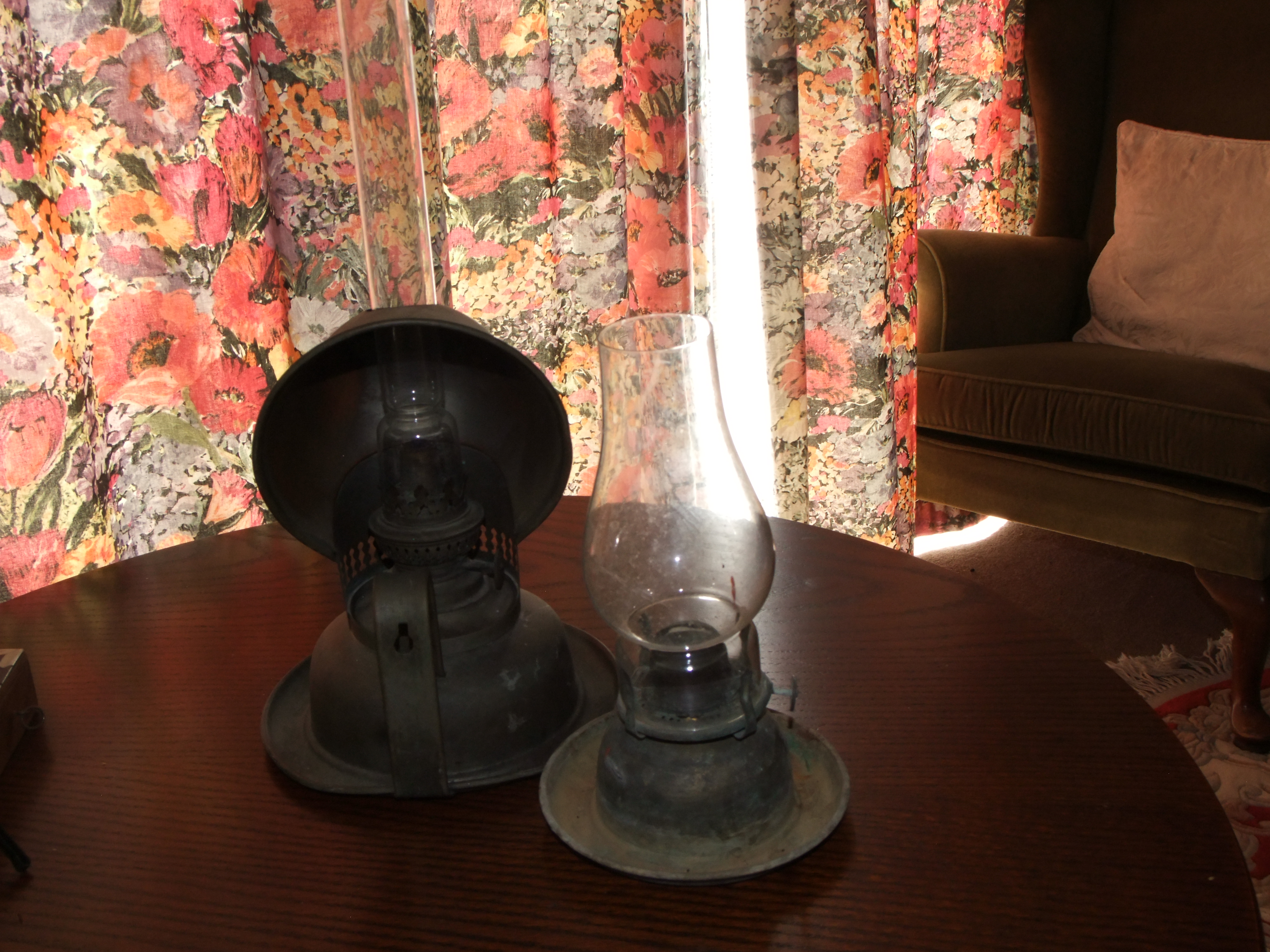 Two Vintage Metal and Glass Oil Lamps including a Wall-Mounting Reflector Model